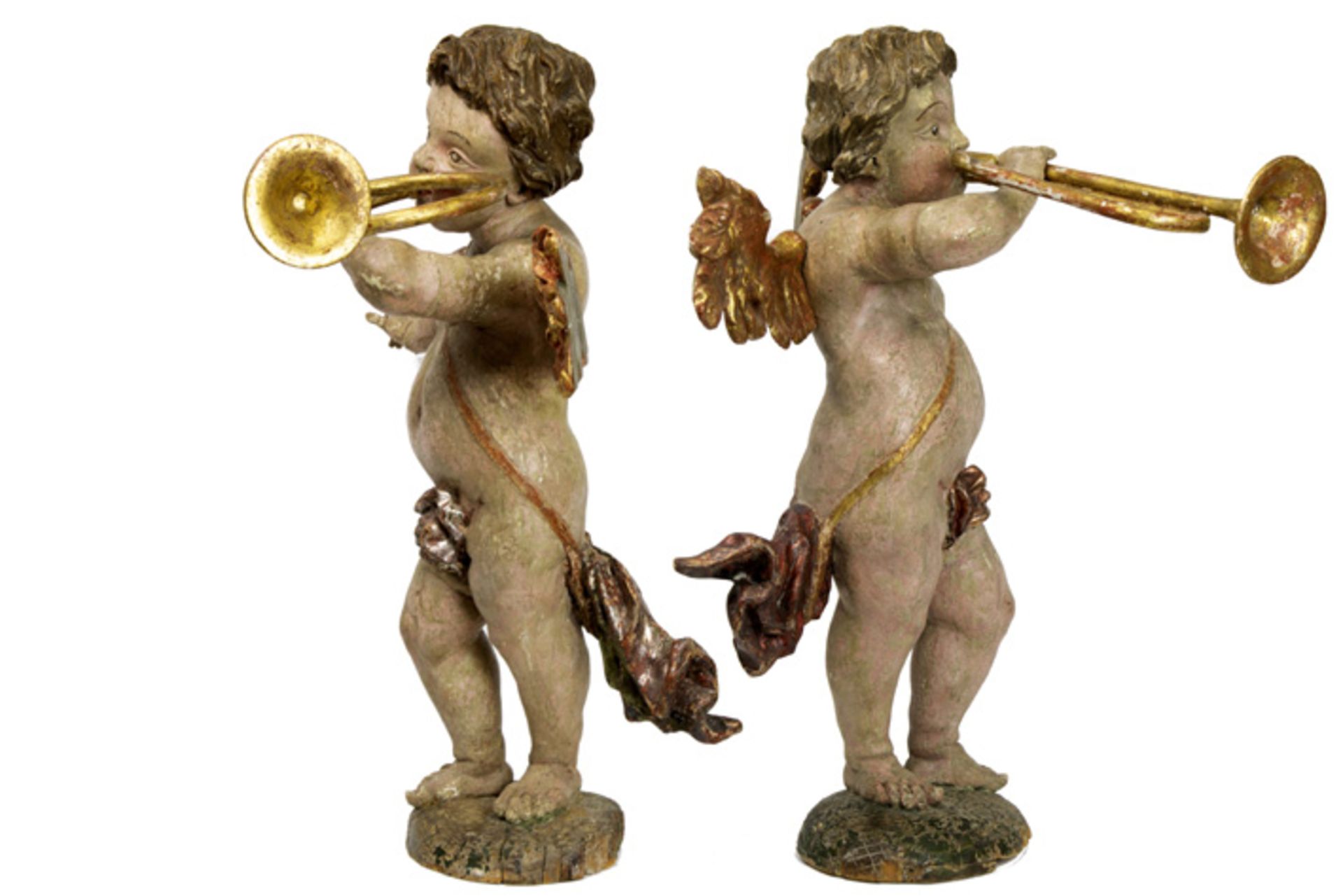 pair of 17th Cent. European baroque style sculptures in polychromed wood and with a quite rare - Bild 3 aus 5