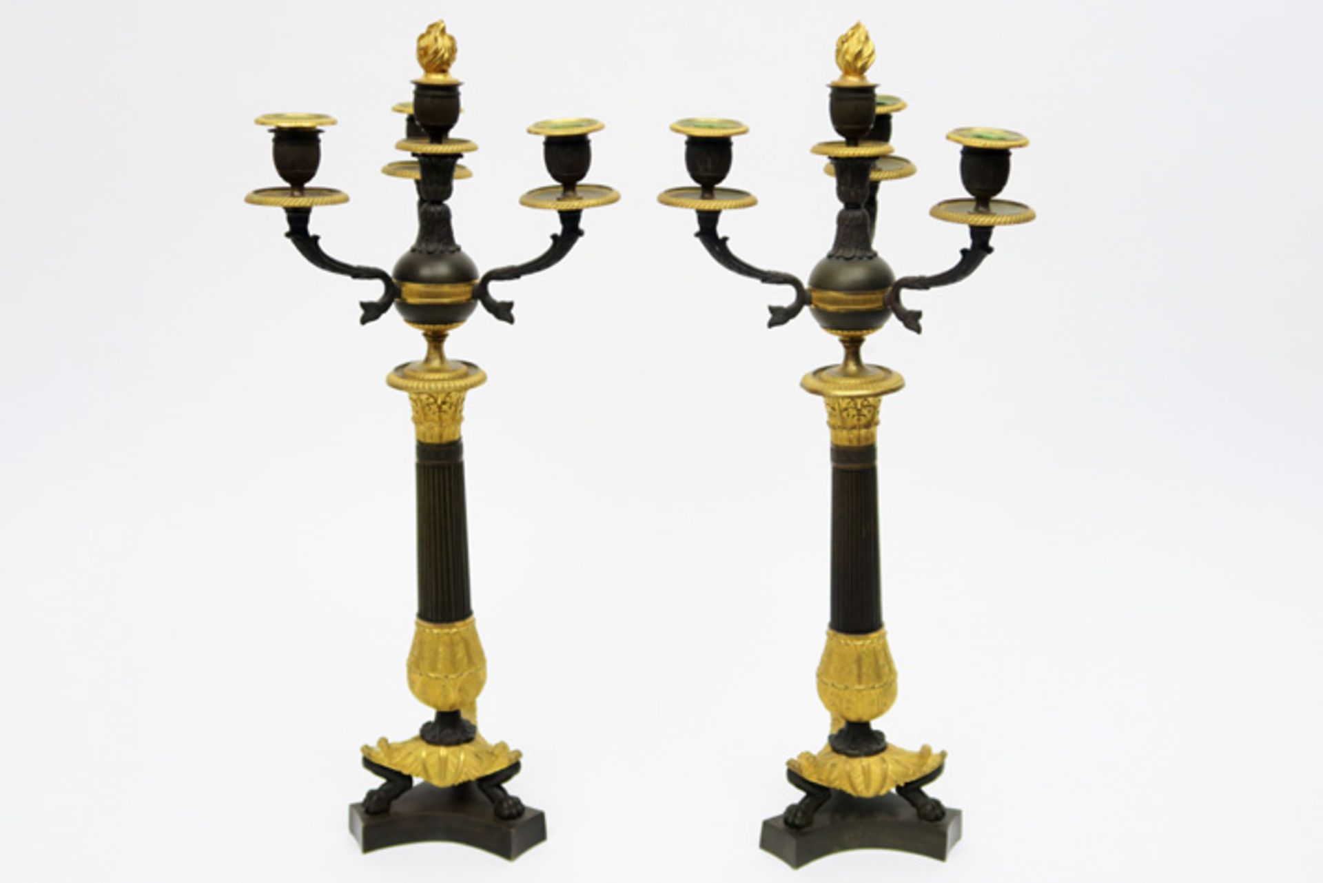 pair of antique, probably French Empire style candelabras partially dark brown patinated partially