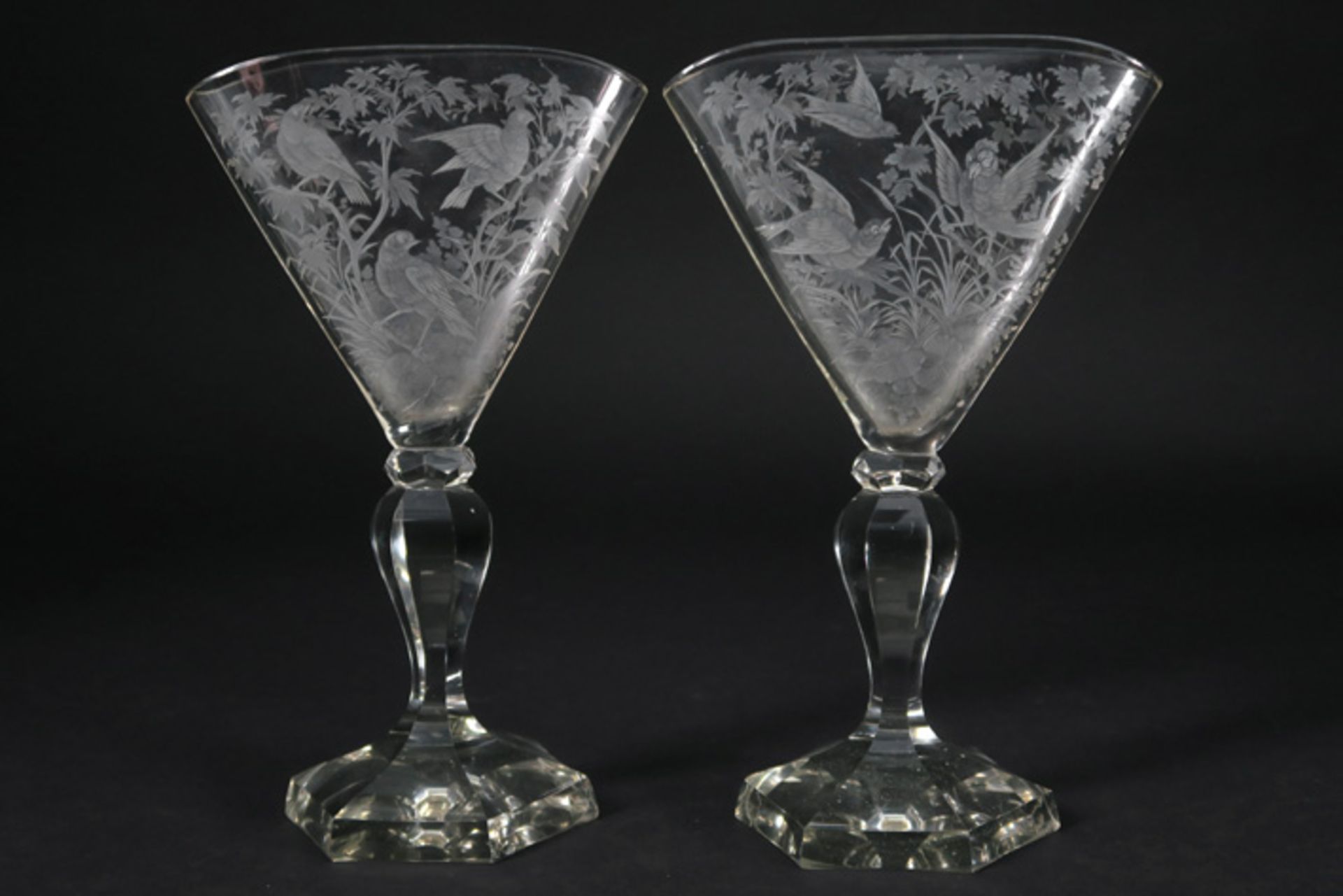 pair of antique probably French vases with a special design in crystal and etched decors with - Image 2 of 2