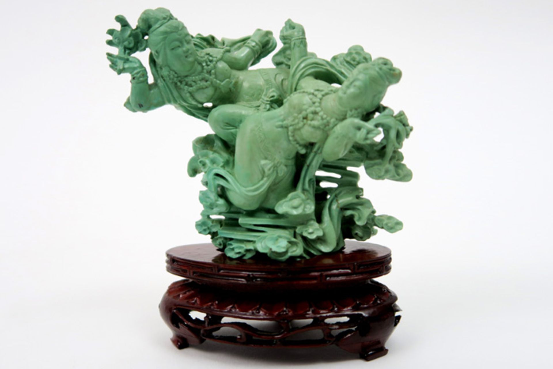 Chinese "two Heavenly ladies" sculpture in turquoise Chinese sculptuur in turkoois : "Twee hemelse