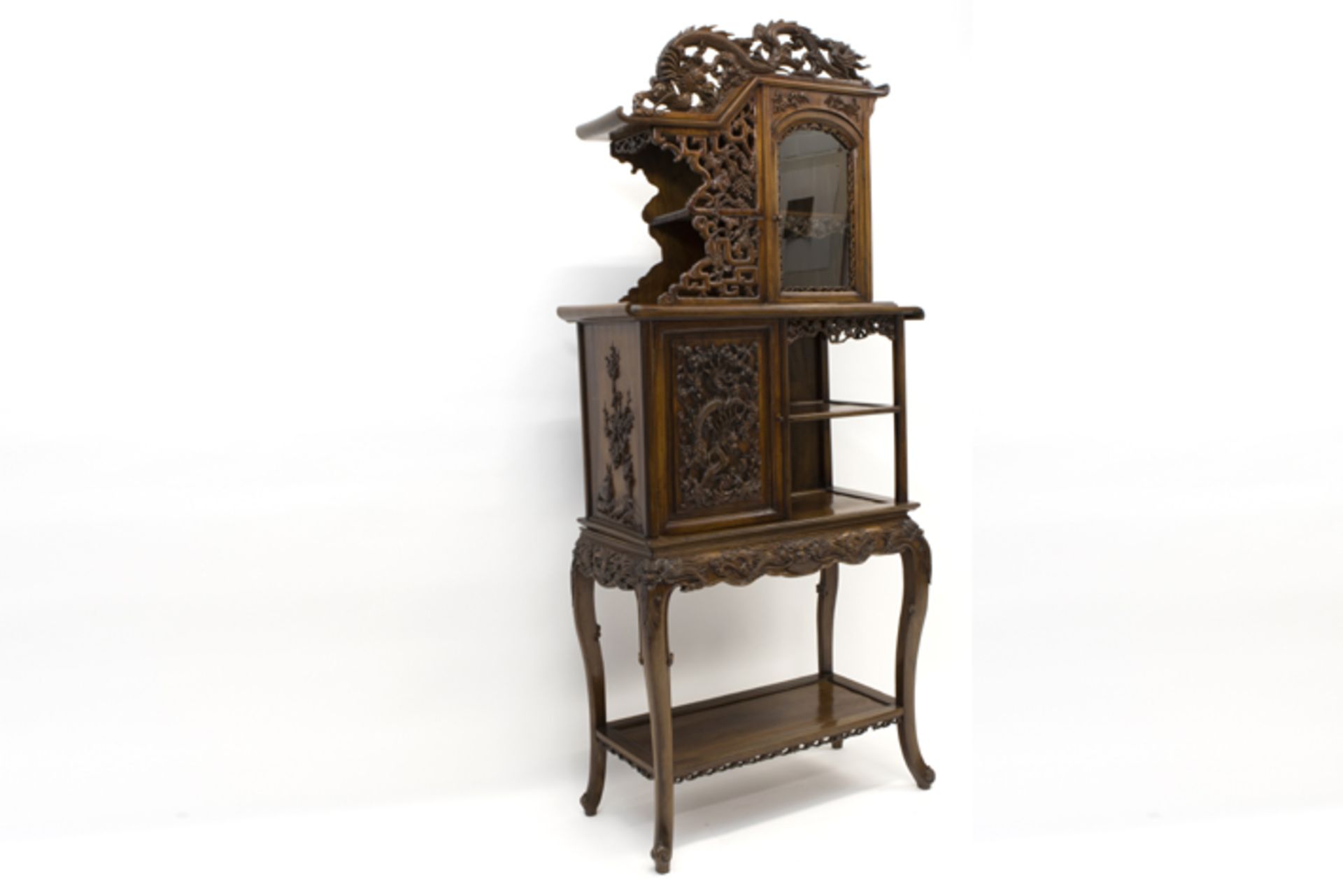 antique Chinese cabinet in an richly ornamentated exotic wood species with finely sculpted motifs - Image 4 of 4