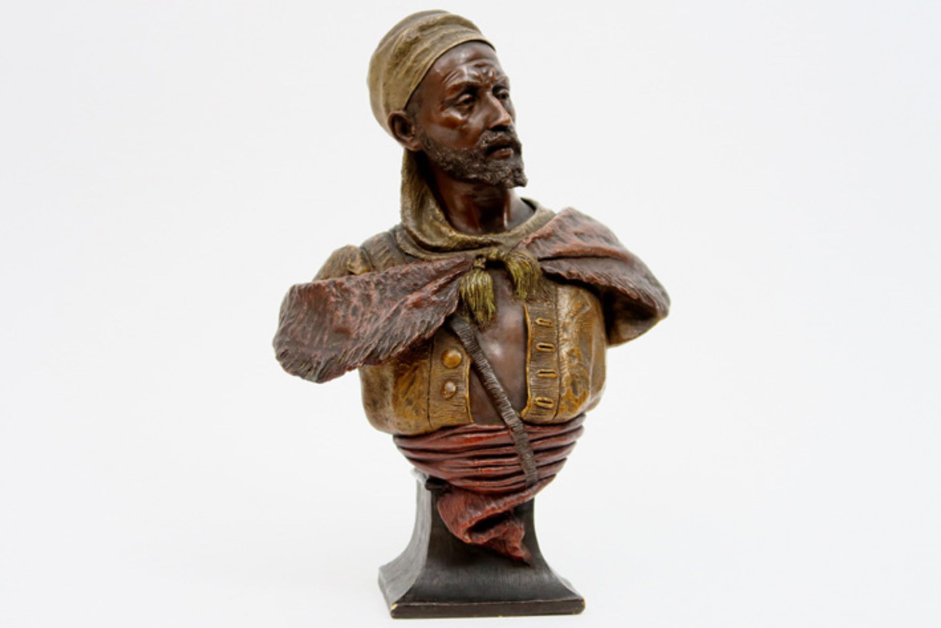 19th Cent. Goldscheider marked "Bust od an Arab" sculpture in polychromed eathenware GOLDSCHEIDER