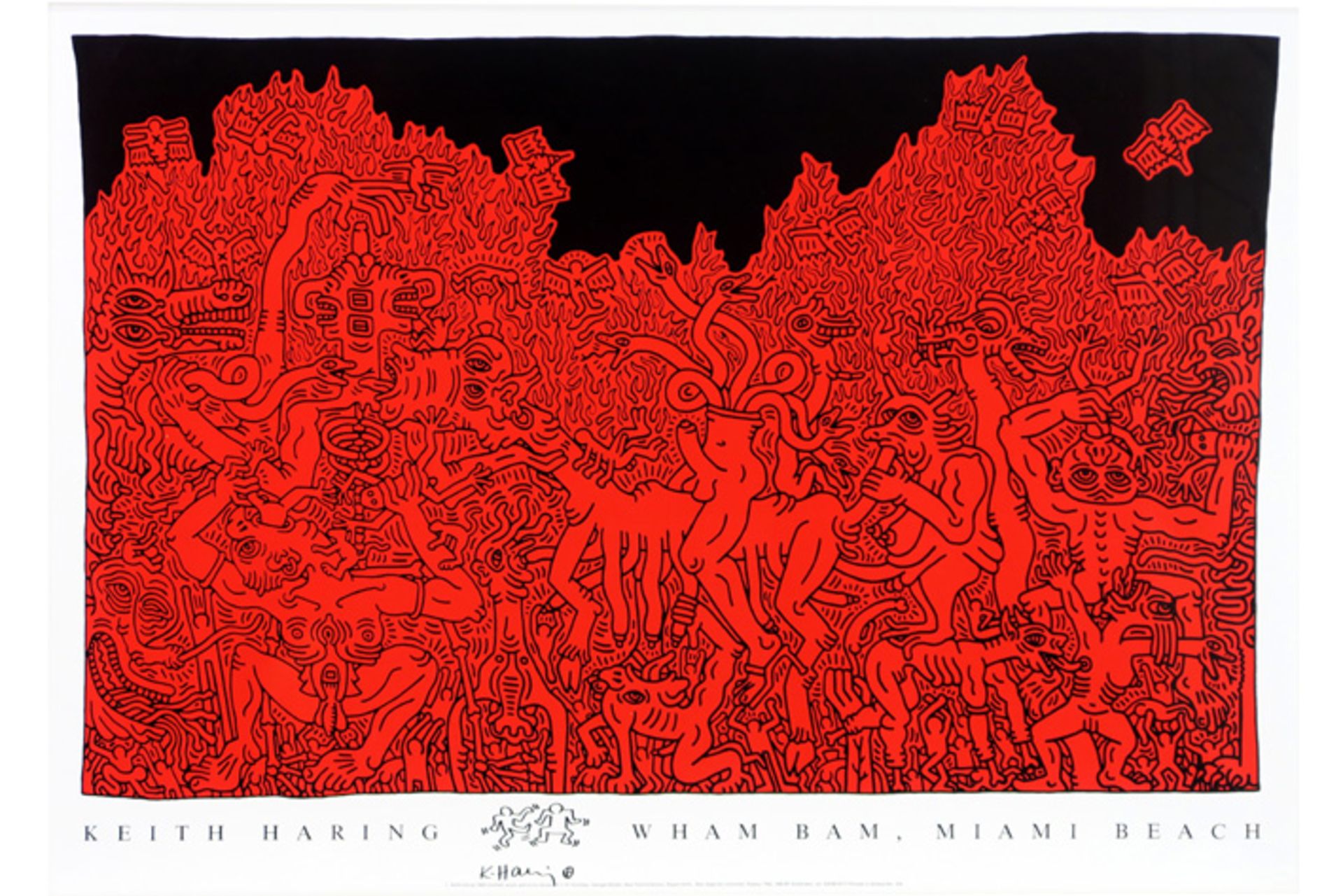 Keith Haring signed drawing with typical figures on a poster for "Wham Bam Miami Beach" dd 1989