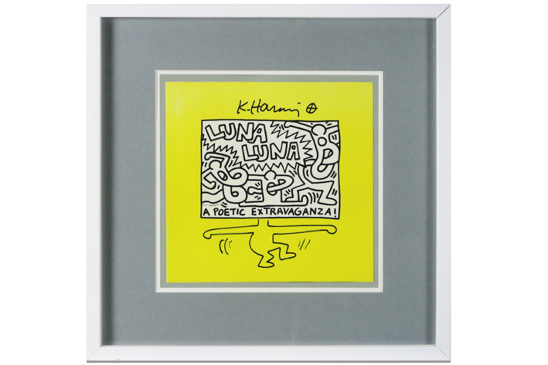 framed signed typical Haring figure drawing on the cover of a "Luna Luna - A poetic extravaganza"