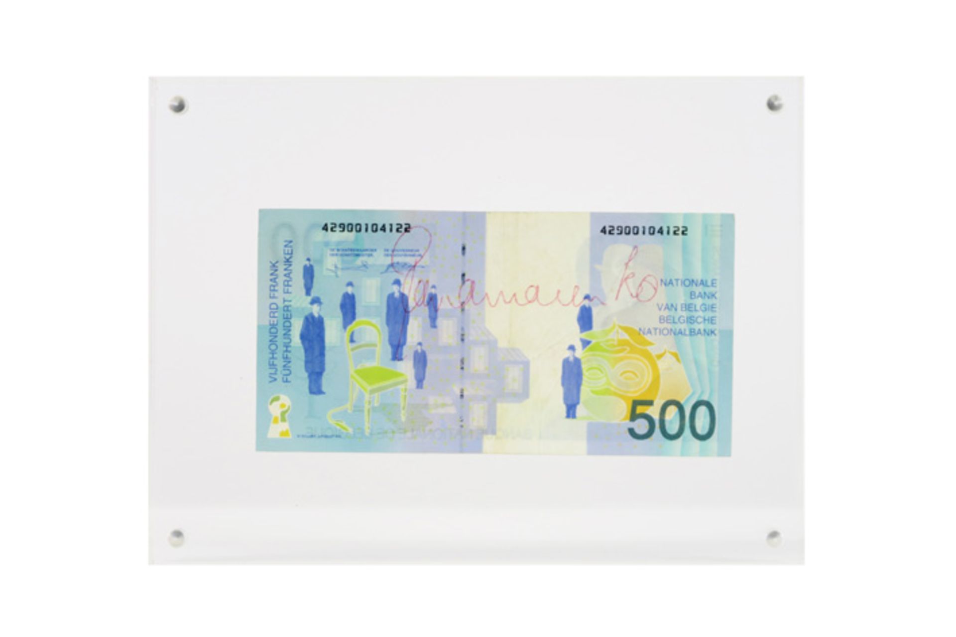 Panamarenko signed Belgian 500 francs banknote in plexi PANAMARENKO (PS VAN VAN HERREWEGHE