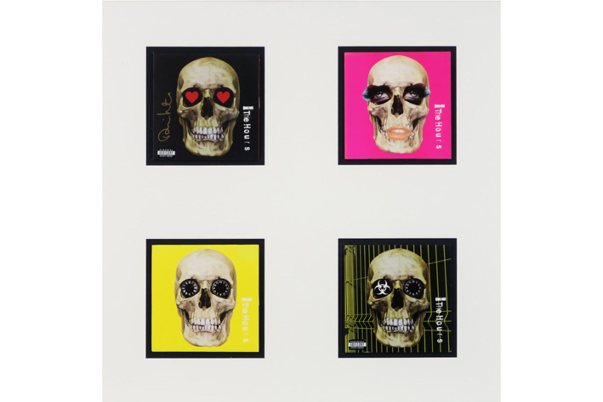four recordcover for singles by "The Hours" designed by Damien Hirst - in one frame one is signed