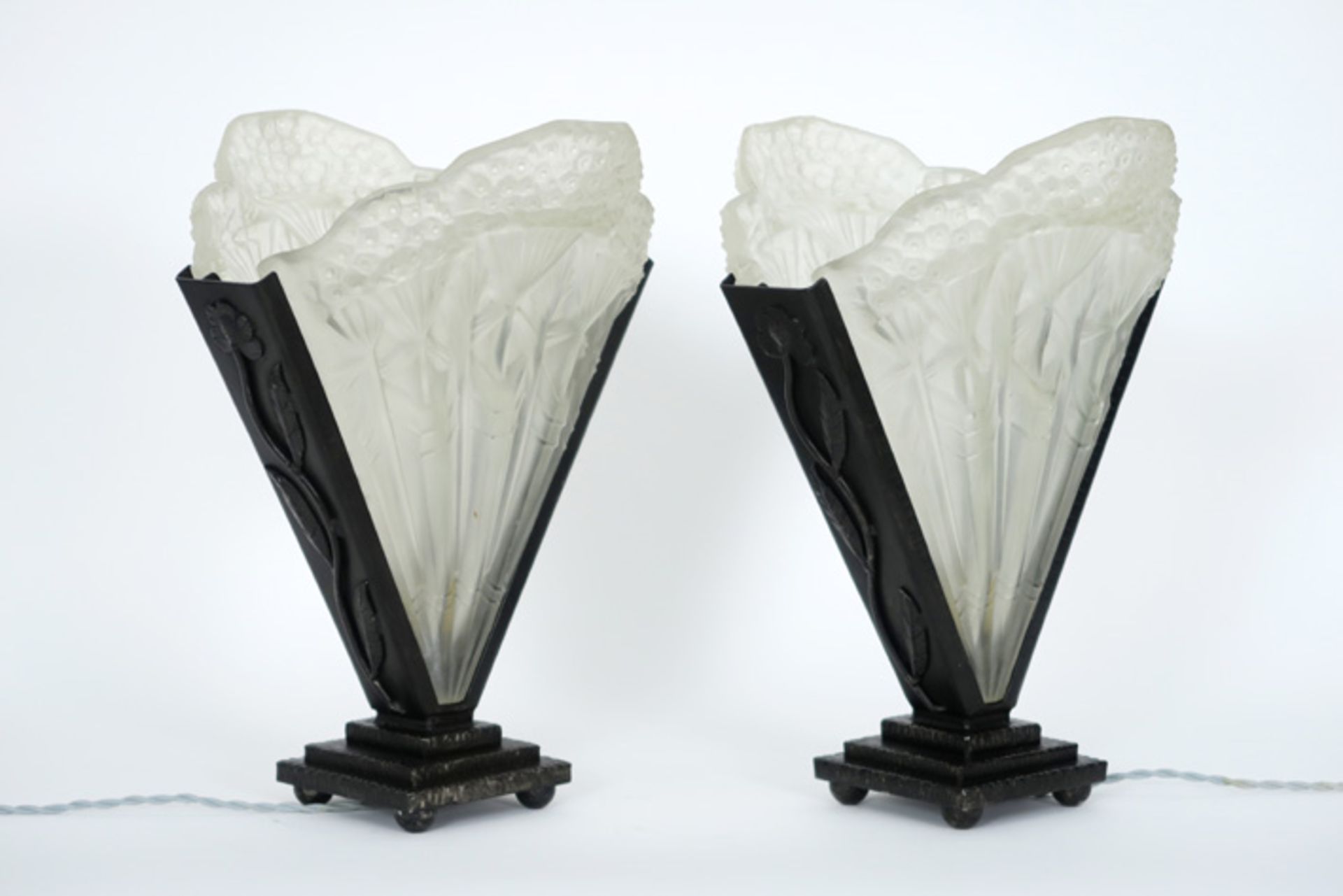 special pair of French Art Deco "Noverdy France" signed lamps in wrought iron and satinated glass ( - Image 2 of 2