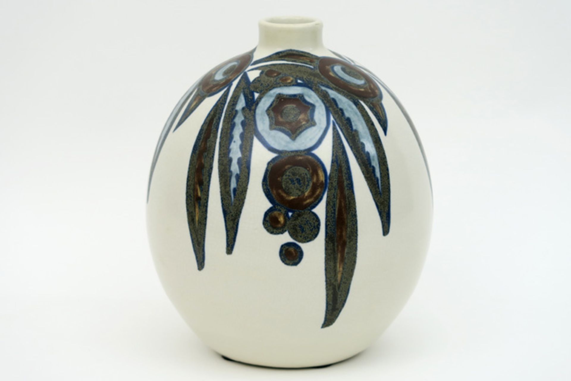 Belgian "Ch. Catteau" Art Deco vase in marked earhtenware (grès) with polychrome flower decor