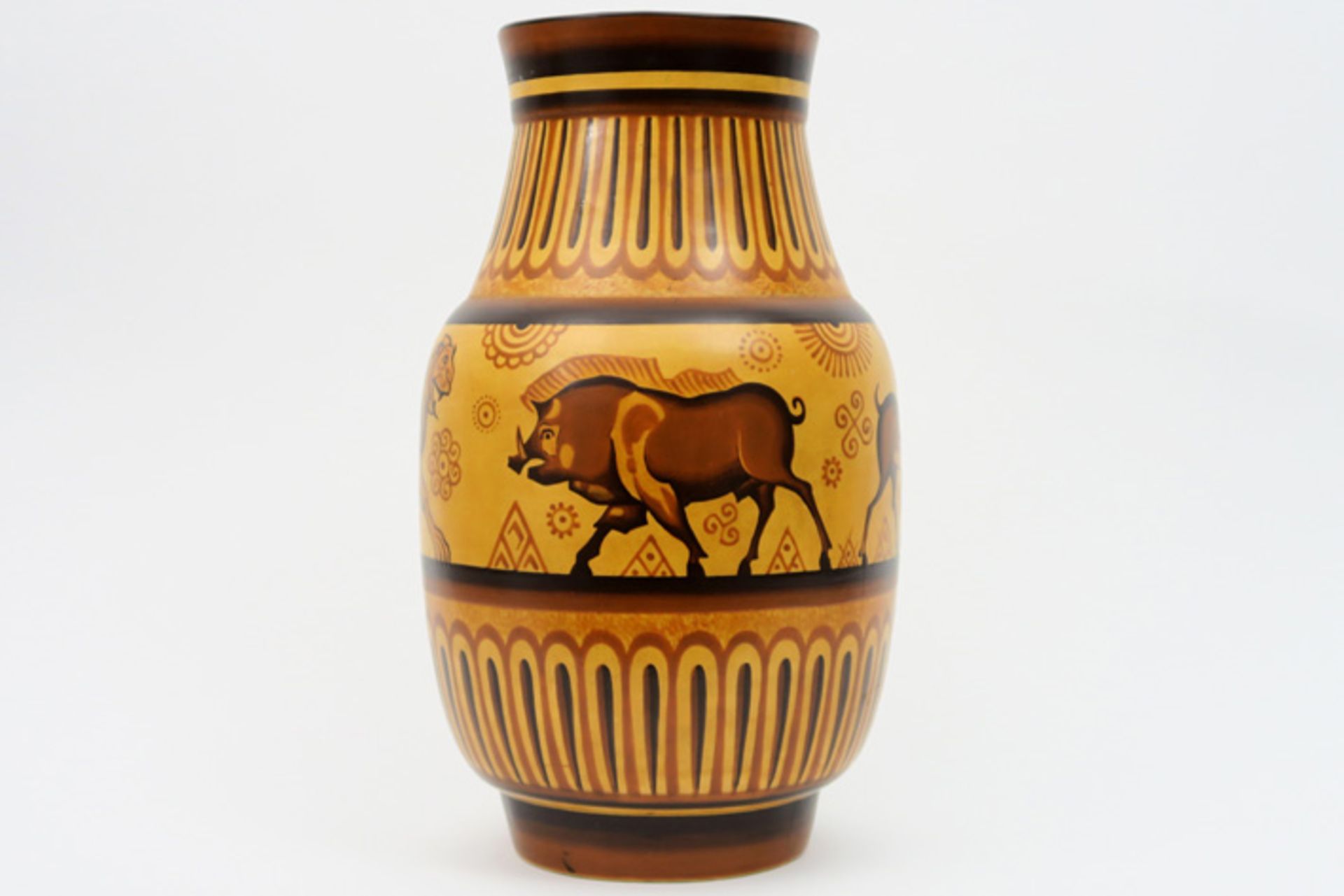 rare "Ch. Catteau" Art Deco-vase in 'Keramis' marked ceramic with a polychrome decor of lionesses