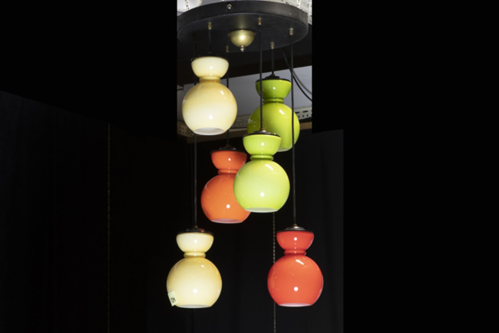 sixties' Italian chandelier with six shades in coloured Murano glass, probably by Vistosi Vintage