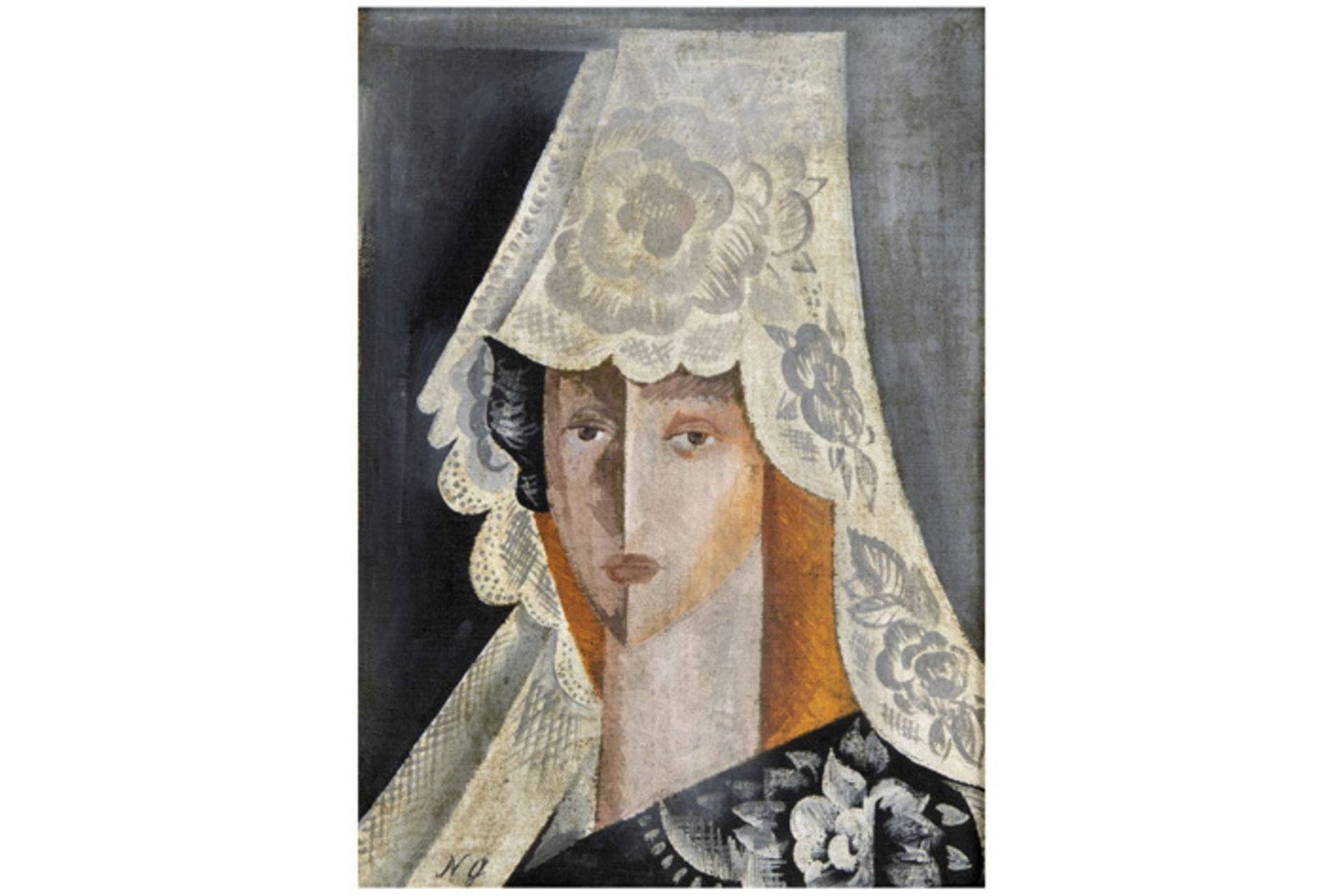 early 20th Cent. Russian Nathalia Gontcharova oil on canvas titled "L'espaganole à la mantille" -