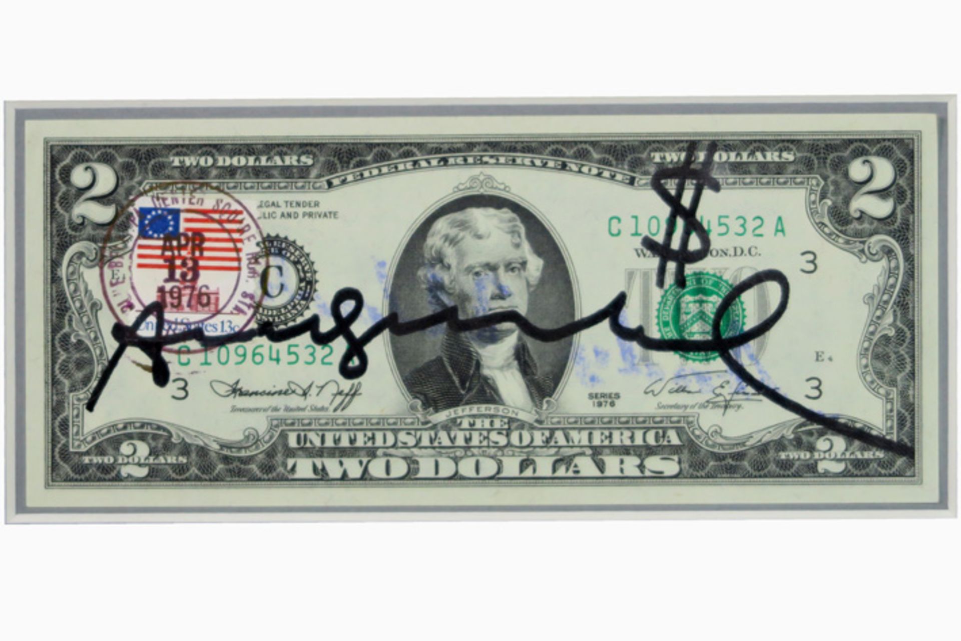 Andy Warhol handsigned two dollar banknote - framed WARHOL ANDY (1930 - 1987) handgesigneerd "two