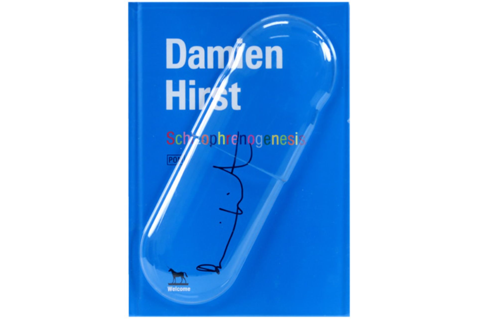 Damien Hirst signed "Schizophrenogenesis" book with the original pillbox - in a plexi case HIRST