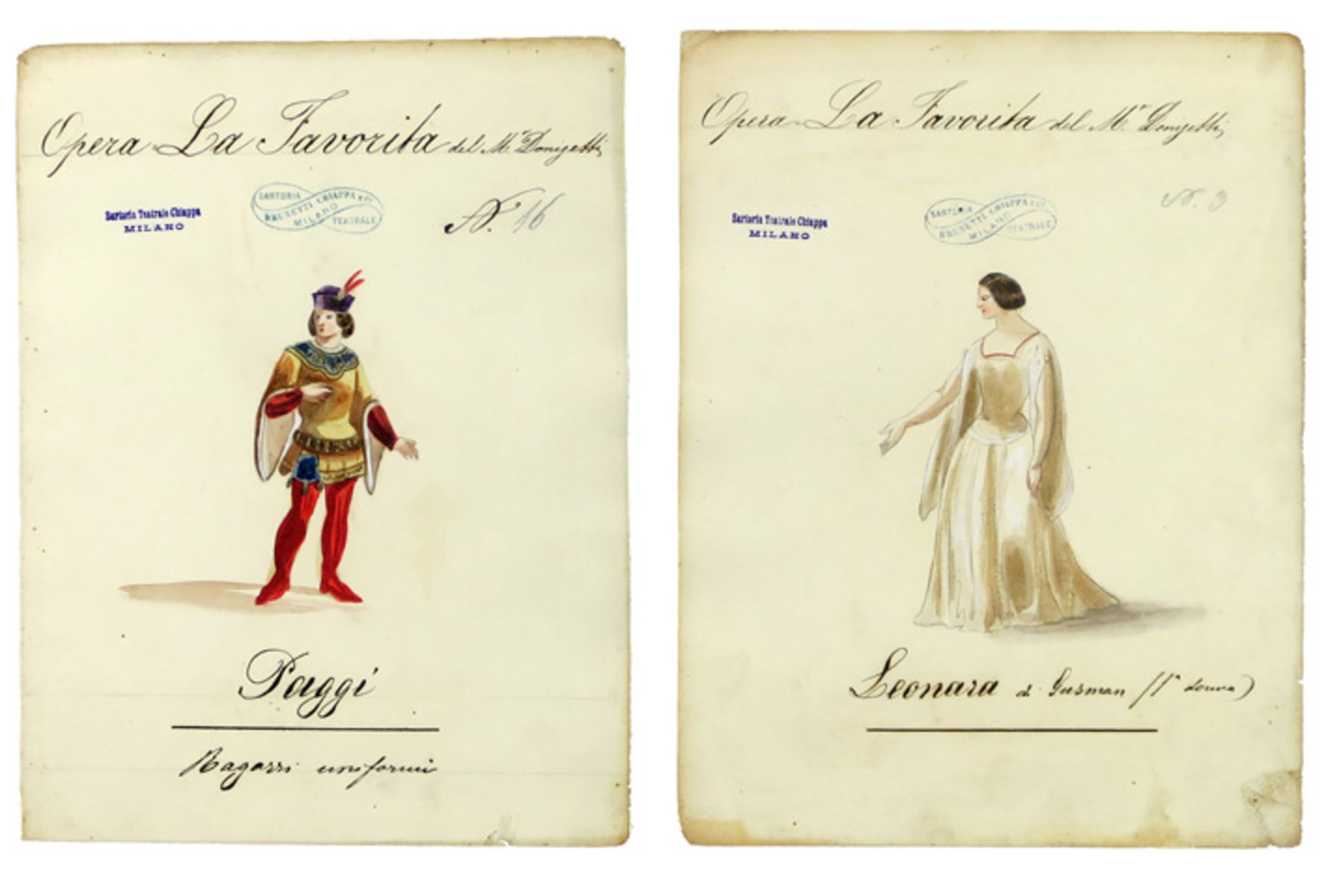 two studies for costumes for the opera "LA Favorite" by Donizetti at the Scala of Milan dd 1947 -