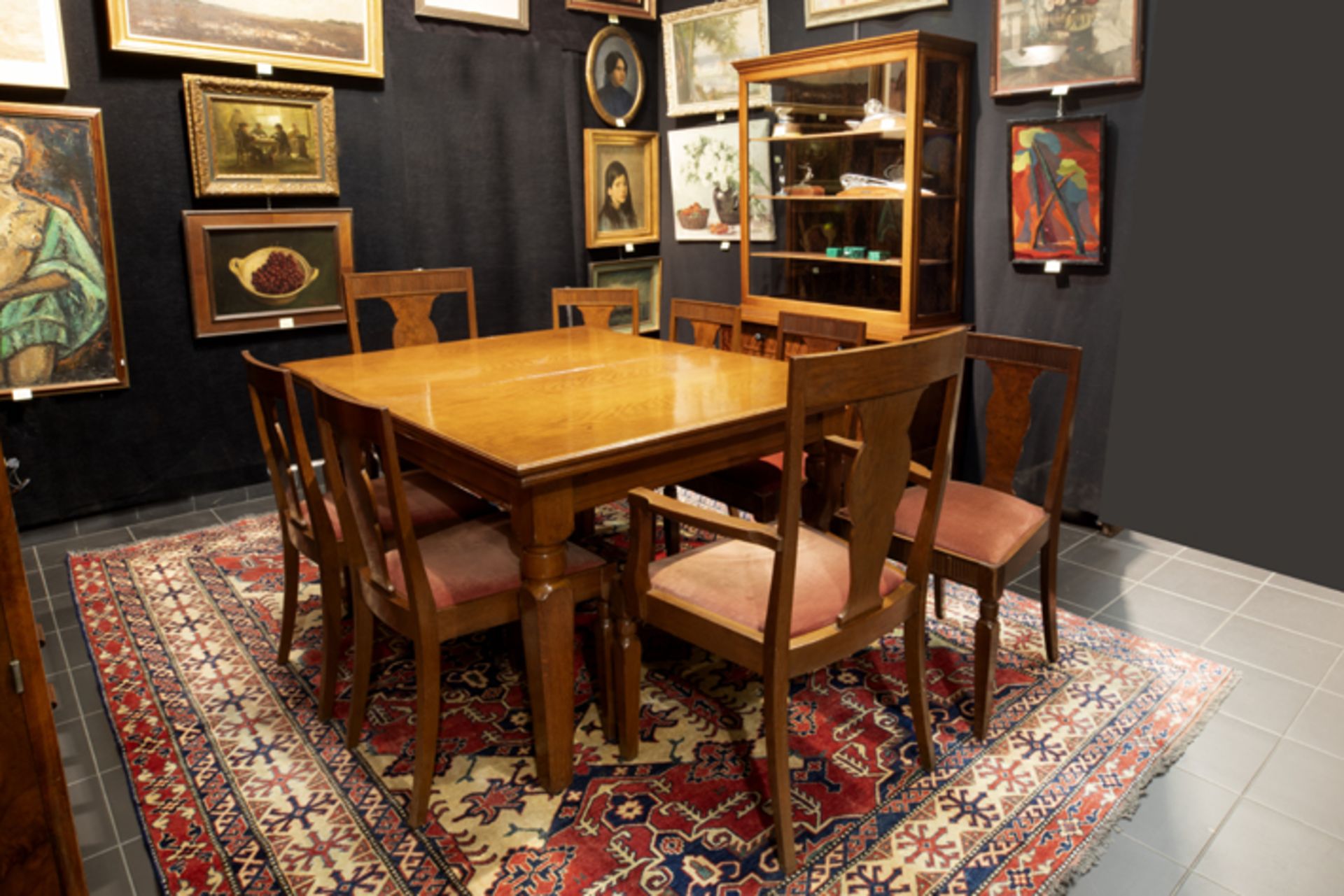 Belgian thirties' Art Deco dining-room suite in several woodkinds with a table, 8 chairs and a