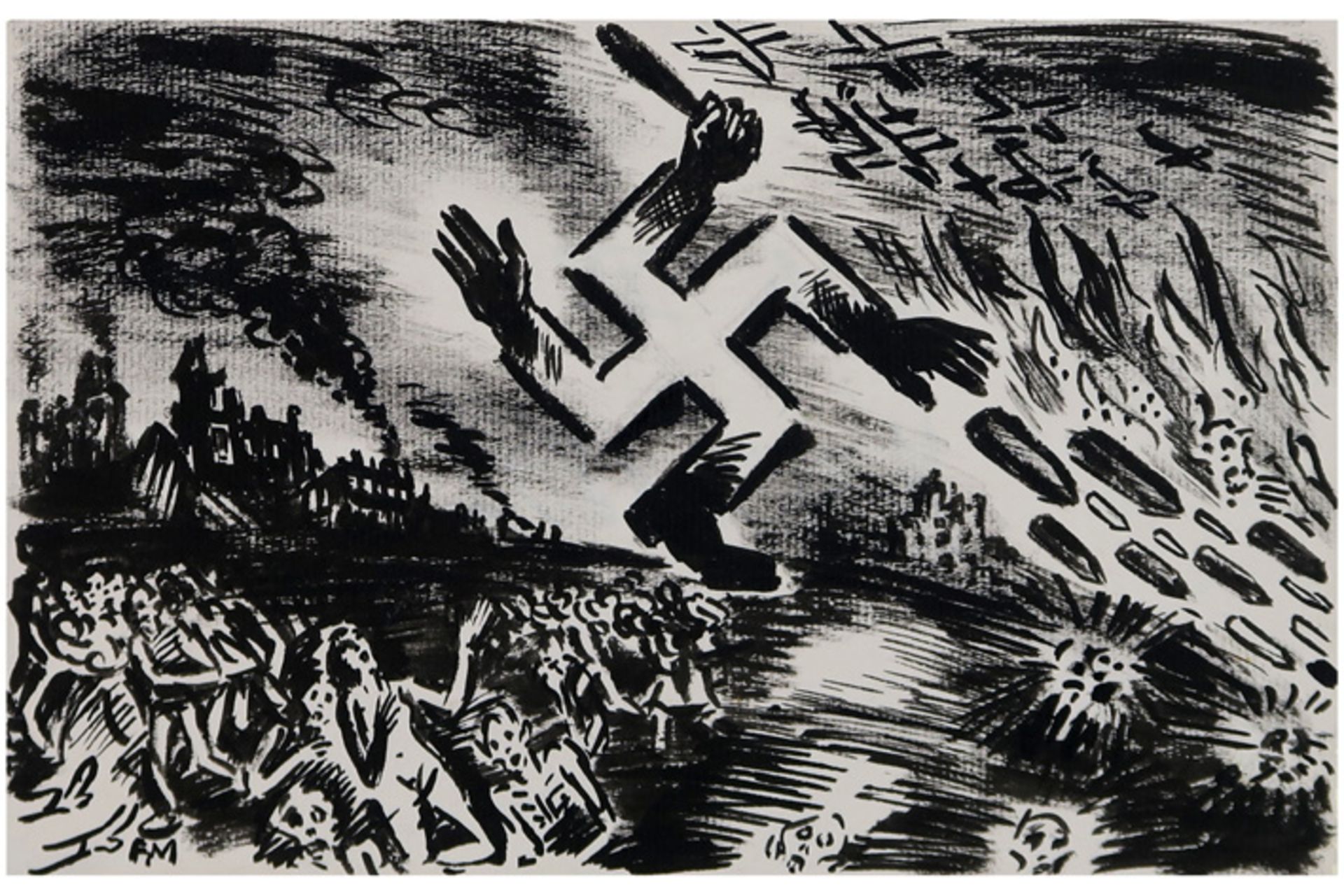 quite special Frans Masereel's "The occupier seen through his eyes" ink drawing to be dated 1940/