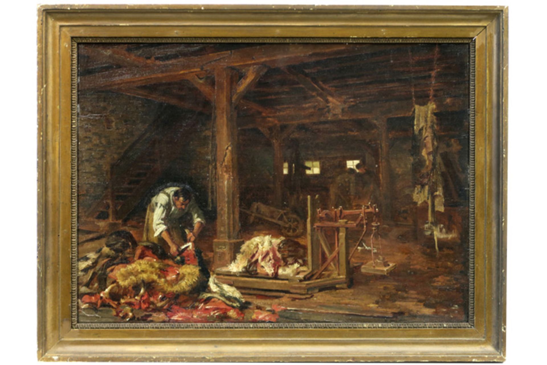 BLANC GARIN ERNEST (1843 - 1916) olieverfschilderij op paneel : "Slager in een stal" - 40 x 55||19th - Image 2 of 3
