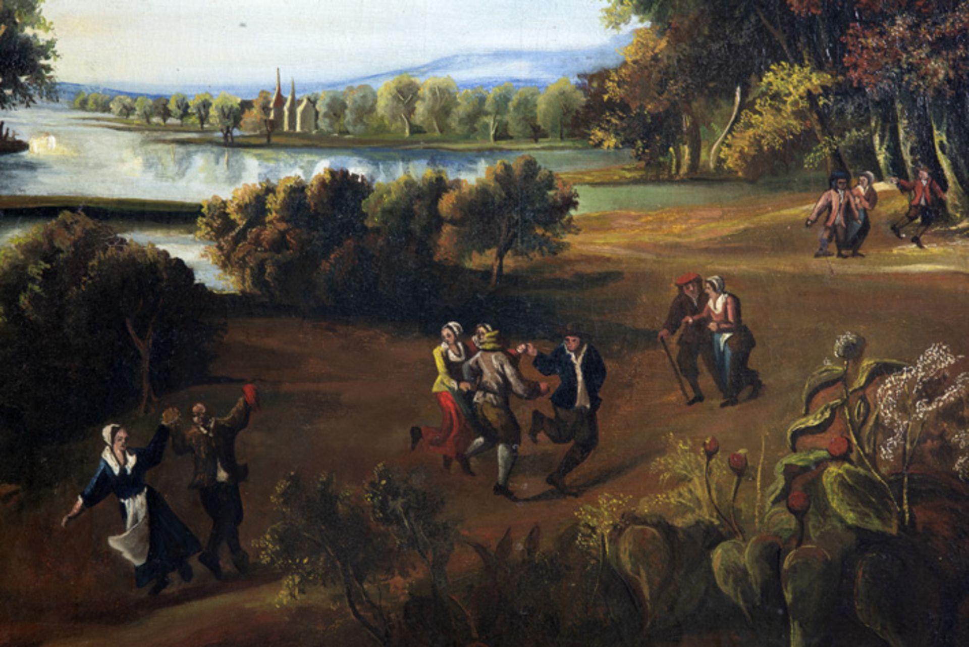 Onleesbaar getekend olieverfschilderij op doek met een thema à la Teniers : "Dansers in een - Image 4 of 5