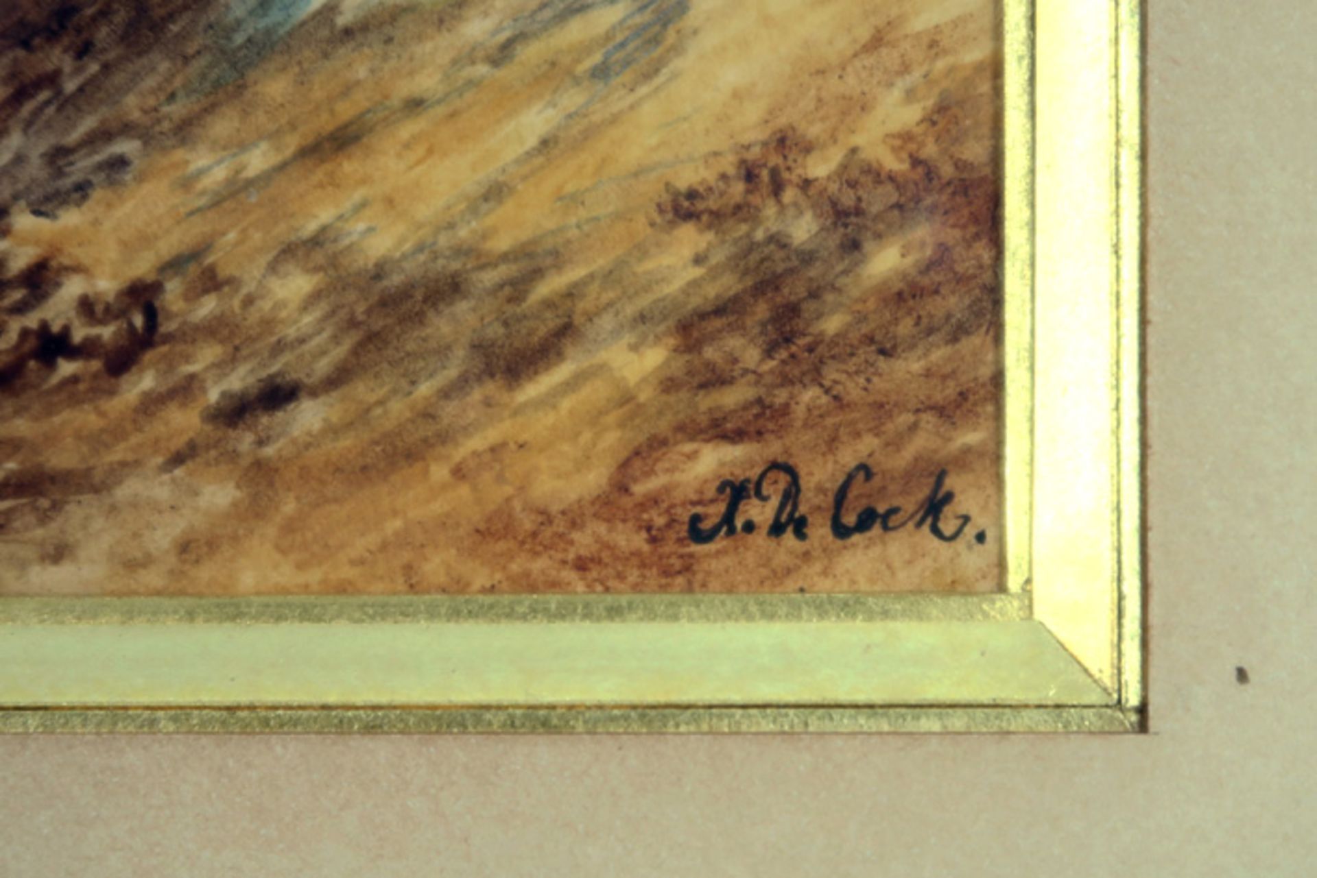DE COCK XAVIER (1818 - 1896) aquarel : "Bootje met twee personages op een bergrivier" - 23 x 21,5 - Bild 3 aus 3
