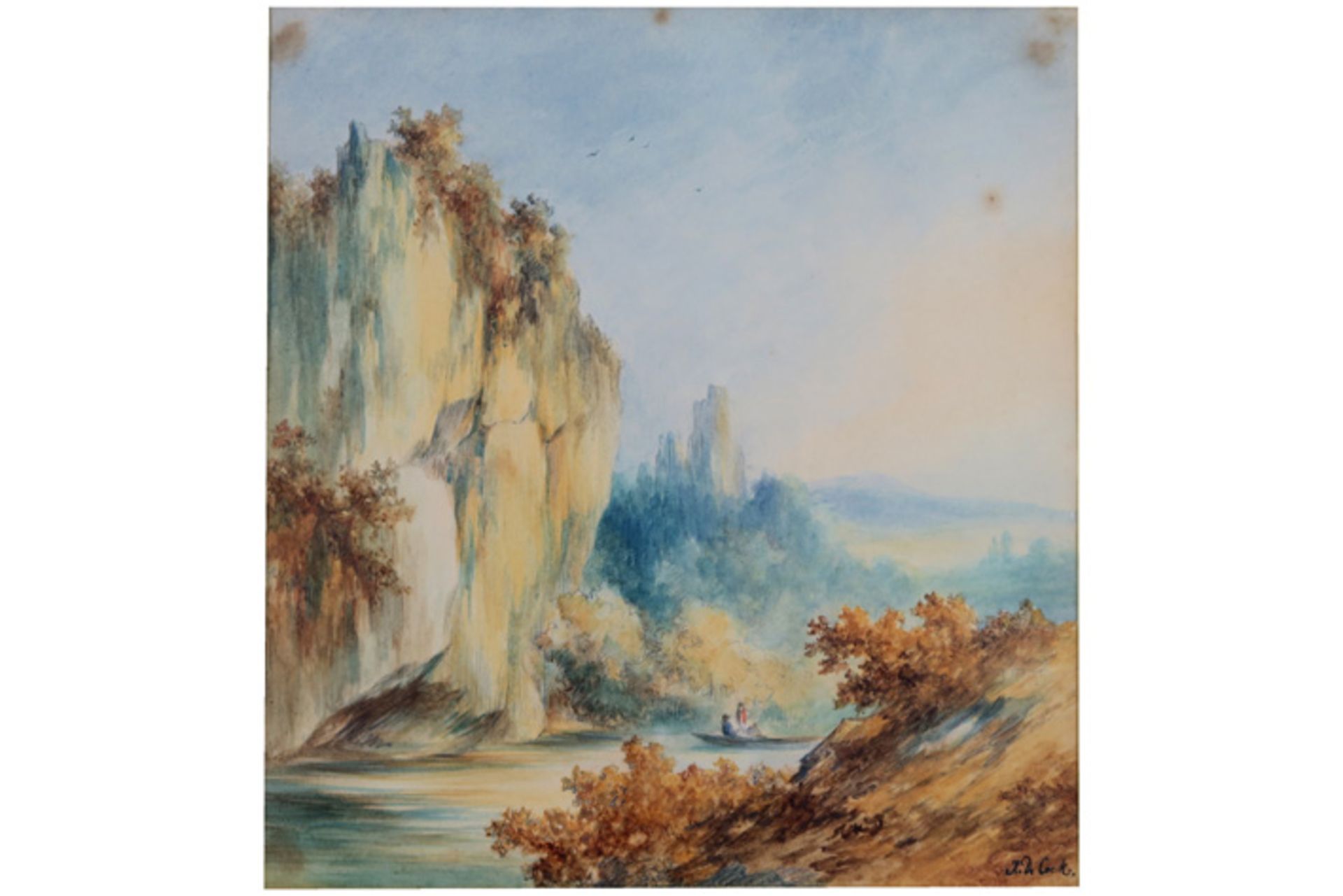 DE COCK XAVIER (1818 - 1896) aquarel : "Bootje met twee personages op een bergrivier" - 23 x 21,5