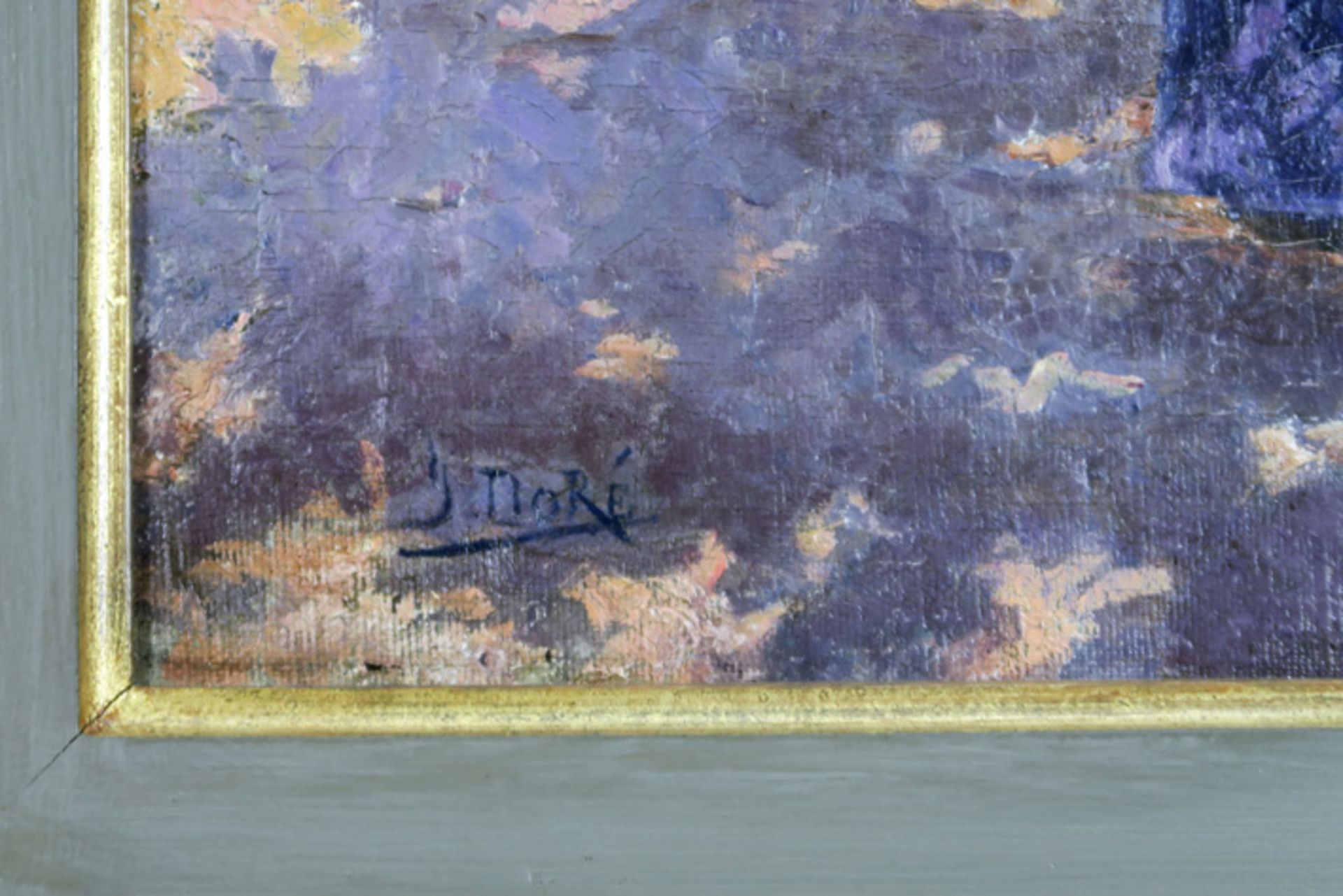 DORÉ JACQUES (1861 - 1929) olieverfschilderij op doek : "Dame met was in een tuin" - 44 x 56 - Image 3 of 4