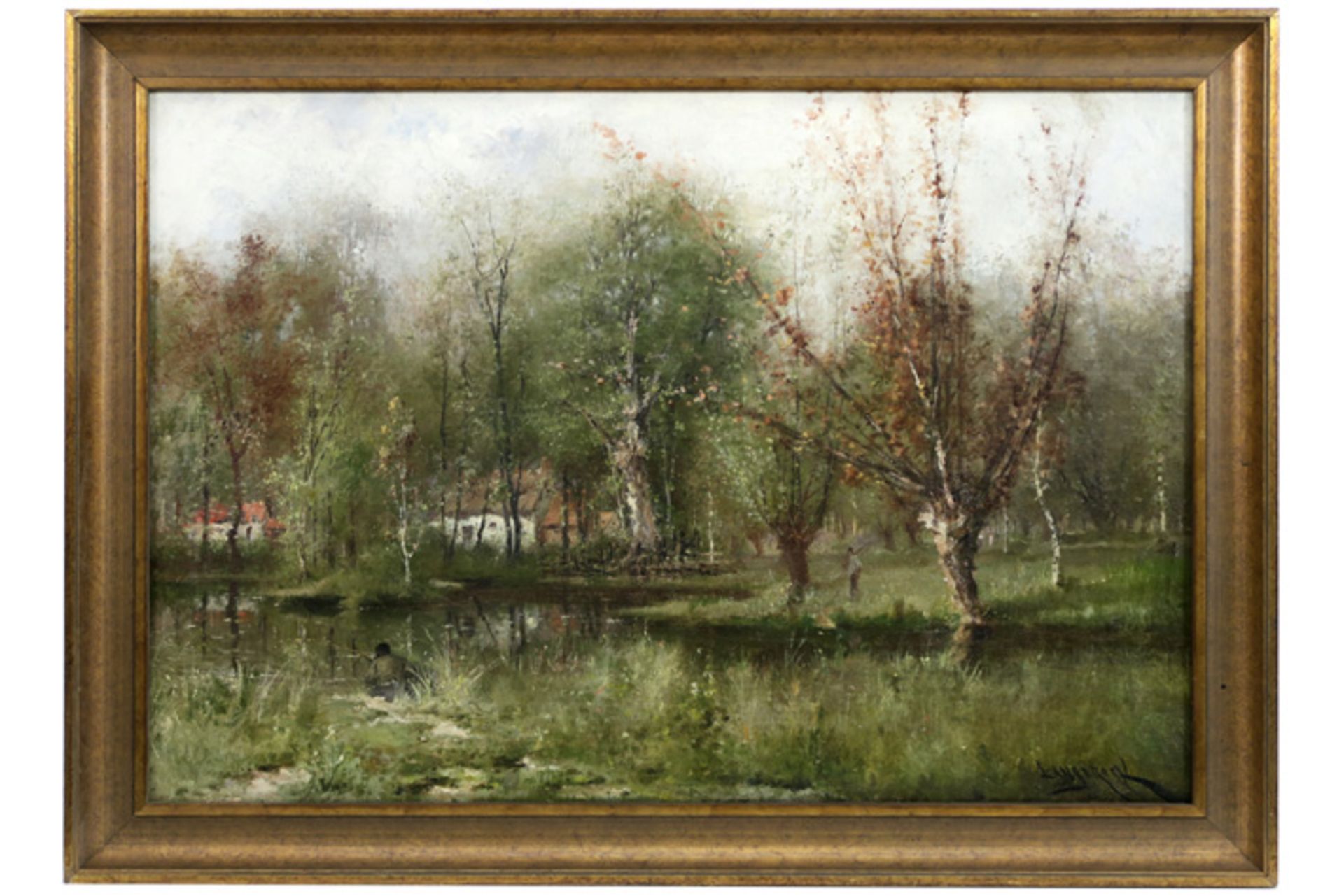 LANGEROCK HENRI (1830 - 1915) olieverfschilderij op doek : "Landschap met huisjes achter bomen" - 46 - Image 2 of 4