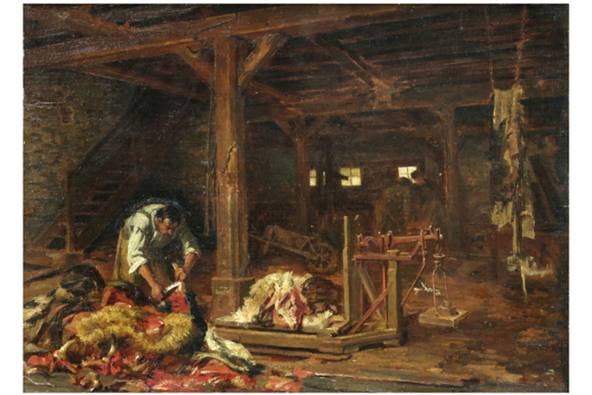 BLANC GARIN ERNEST (1843 - 1916) olieverfschilderij op paneel : "Slager in een stal" - 40 x 55||19th