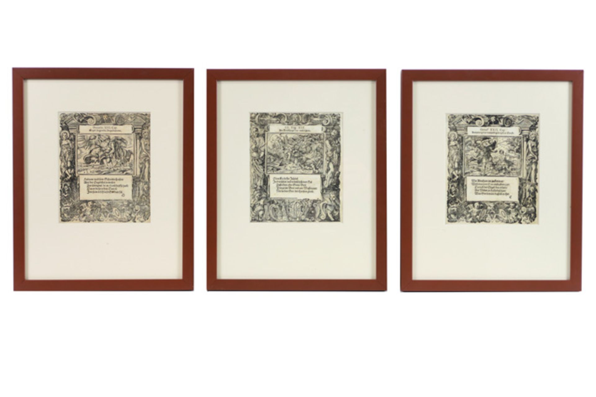 Drie 16° eeuwse Duitse houtsnedes (telkens ca 16,5 x 14 cm) : - uit "Daniel XIII" : "Engel sleurt