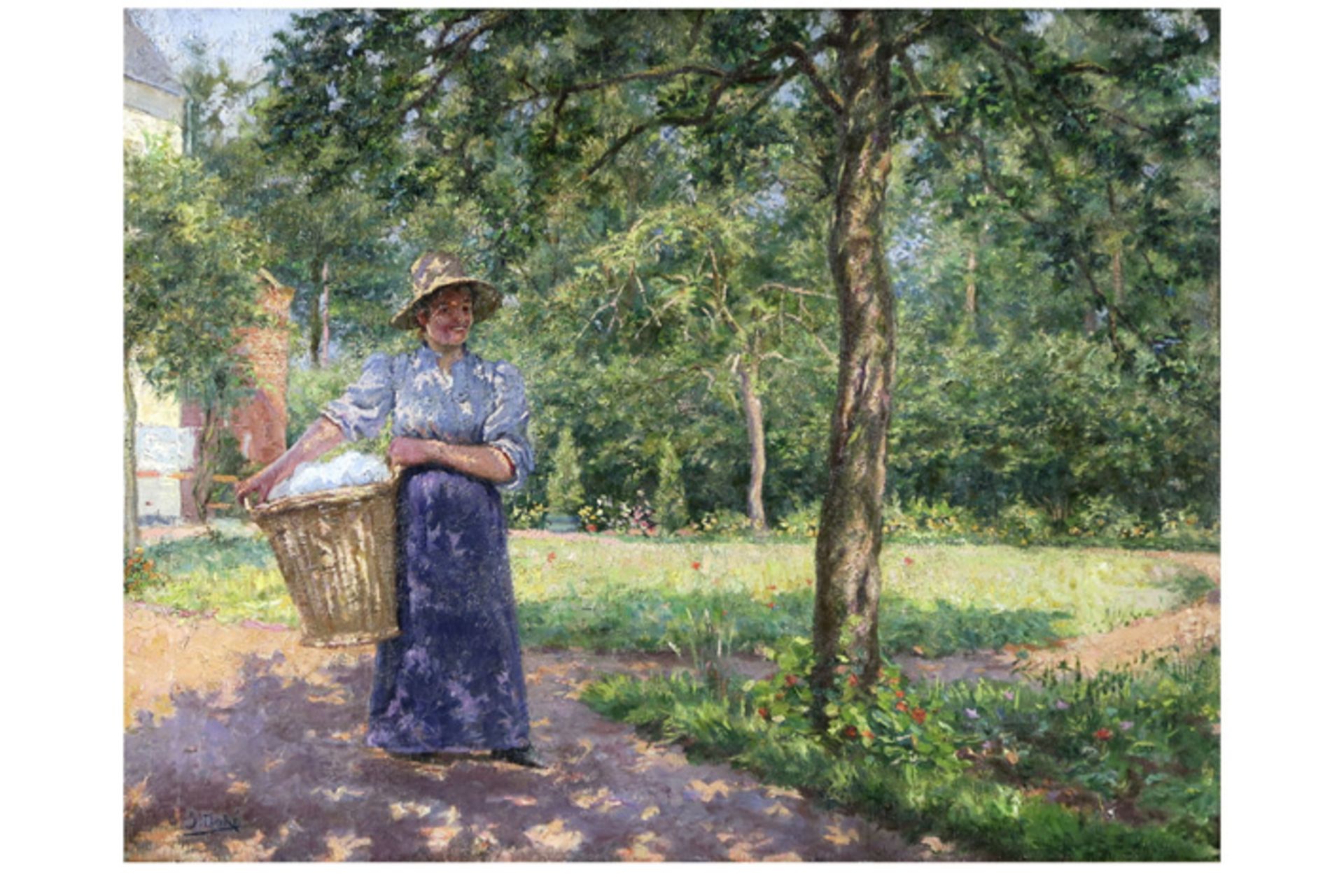 DORÉ JACQUES (1861 - 1929) olieverfschilderij op doek : "Dame met was in een tuin" - 44 x 56