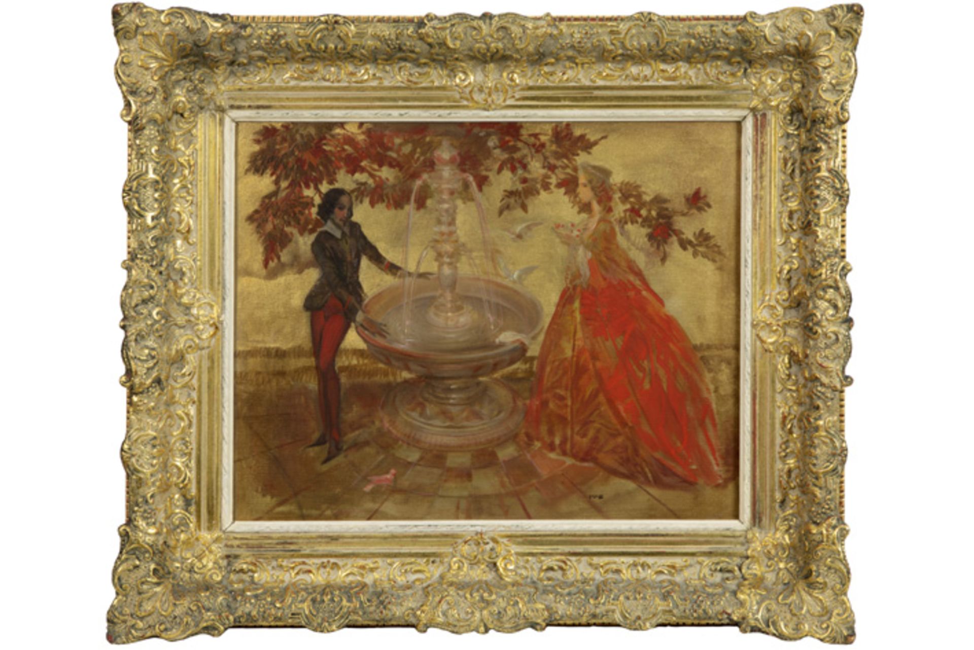 VAN BELLE KAREL (1884 - 1959) olieverfschilderij op doek : "Man en vrouw aan fontein" - 52 x 36 - Image 2 of 2