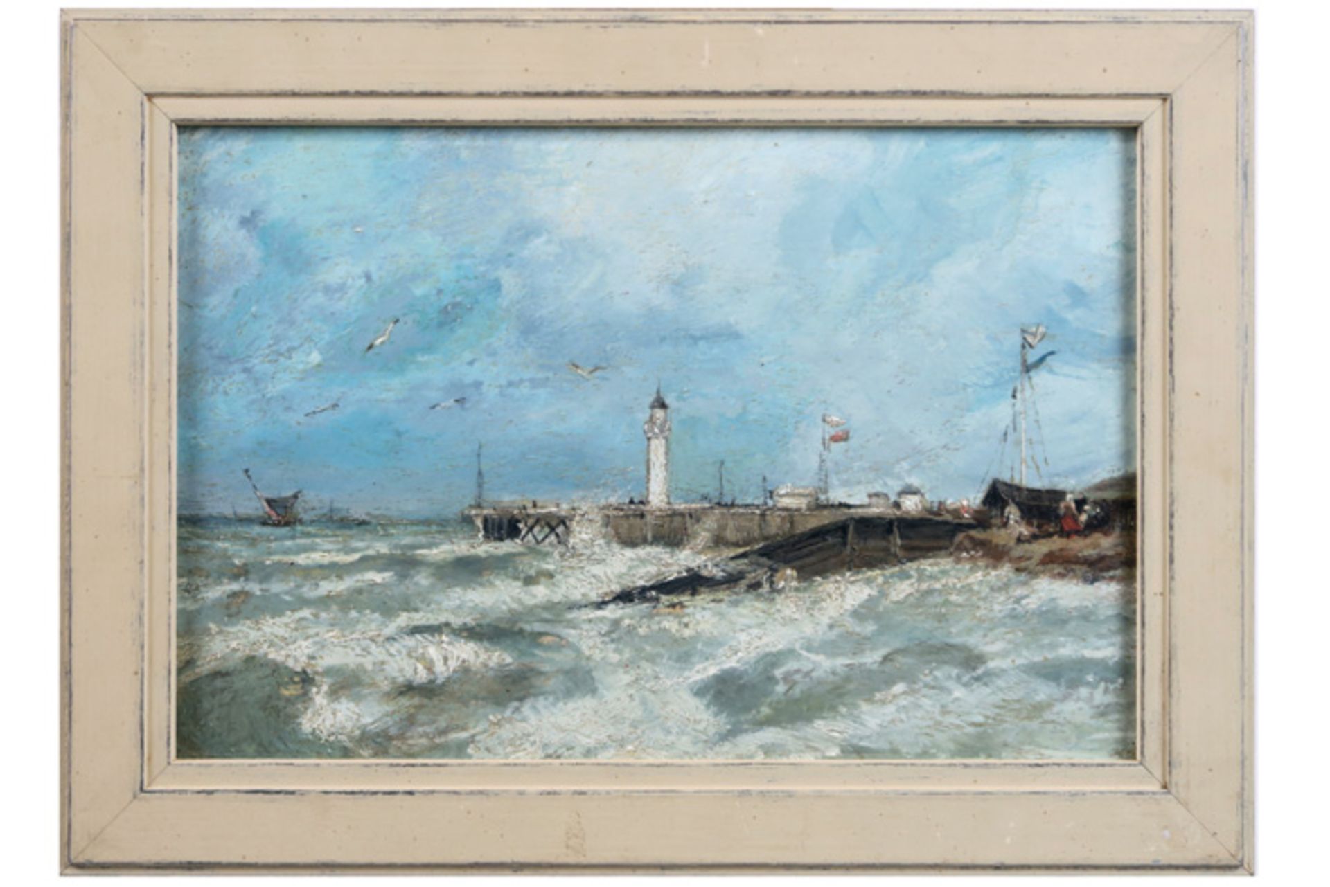 Olieverfschilderij op paneel van ca 1880/90 : "Woelige zee aan stakestel" - 20 x 32 met sporen van - Image 2 of 3