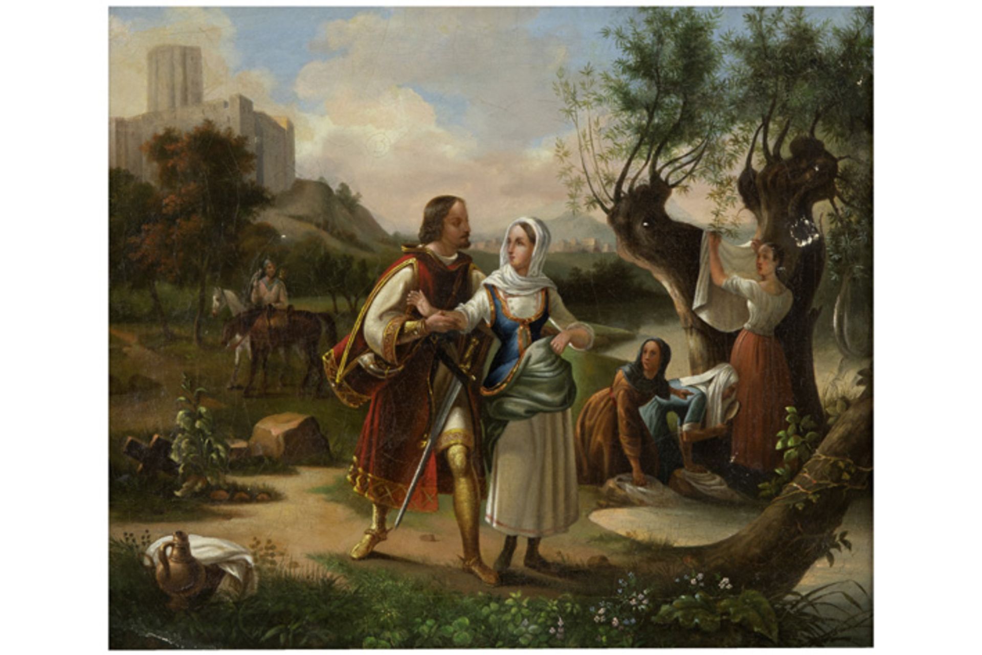 BELGISCHE SCHOOL - 19° EEUW olieverfschilderij op doek : "Het aanzoek door een ridder aan de