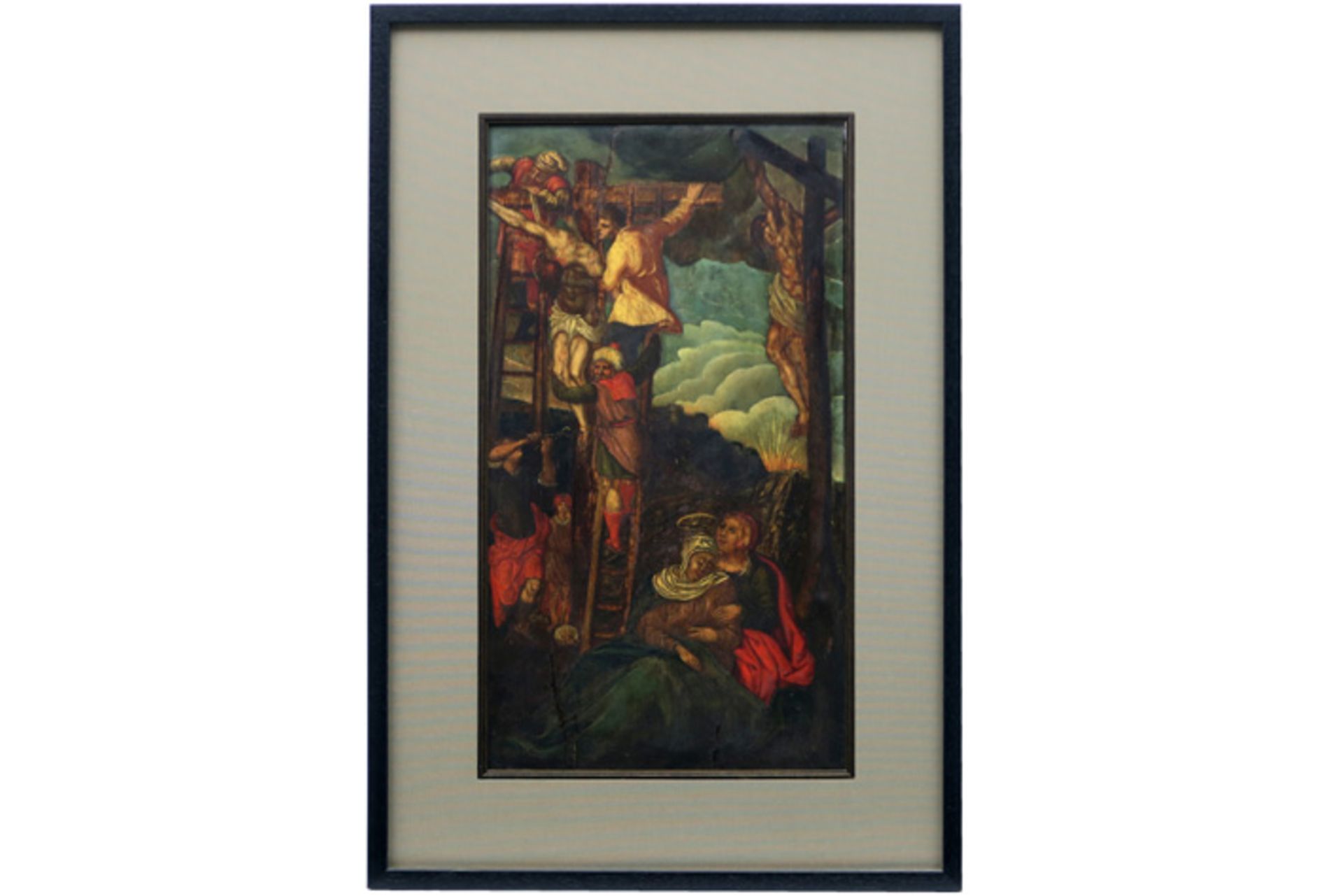 EUROPA - 16° EEUW olieverfschilderij op paneel : "Kruisafneming" - 49 x 26,5 de rode gloed laat - Image 2 of 3