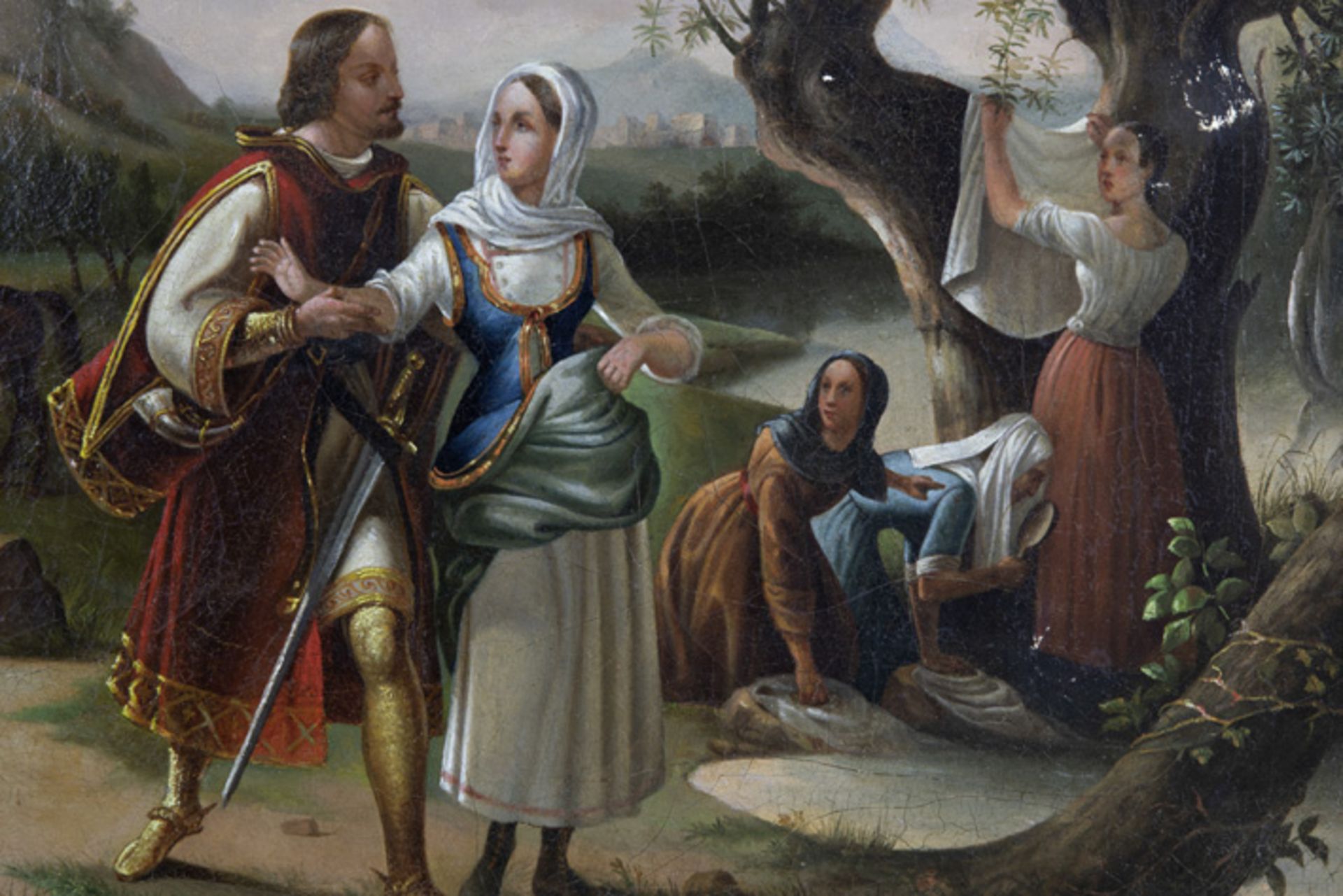 BELGISCHE SCHOOL - 19° EEUW olieverfschilderij op doek : "Het aanzoek door een ridder aan de - Image 3 of 4