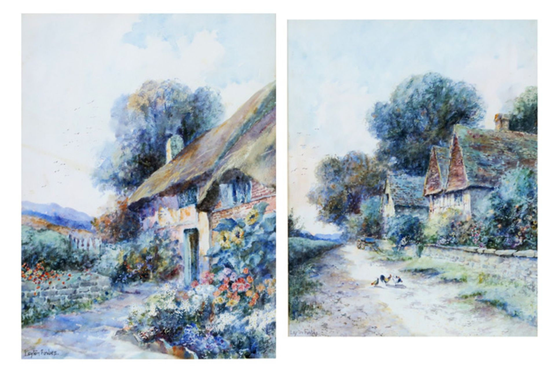 FORBES LEYTON (actief omstreeks 1920/25) (UK) paar aquarellen : "Hoenderen bij huizen" en "Tuin
