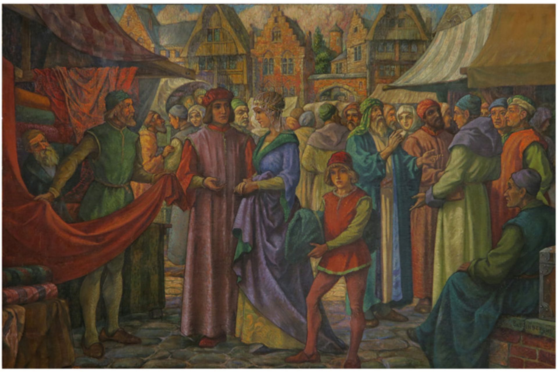 VAN BALLENBERGHE ANDRÉ (1895 - ?) groot olieverfschilderij op doek : "Geanimeerd Middeleeuws - Image 2 of 5