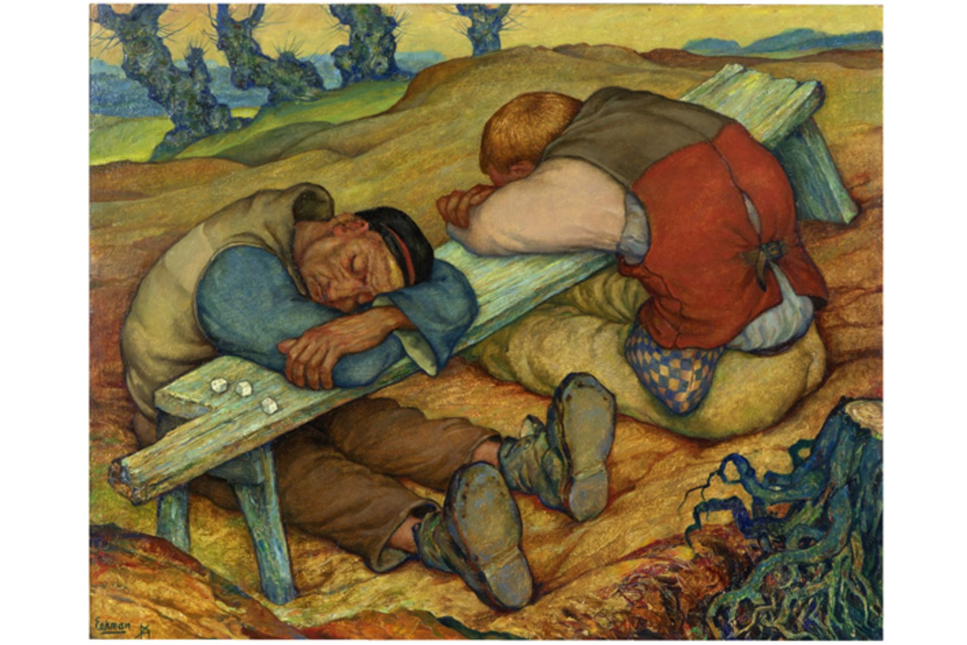EEKMAN NICOLAS MATHIJS (1889 - 1973) olieverfschilderij op paneel getiteld "Les dormeurs" - 50 x
