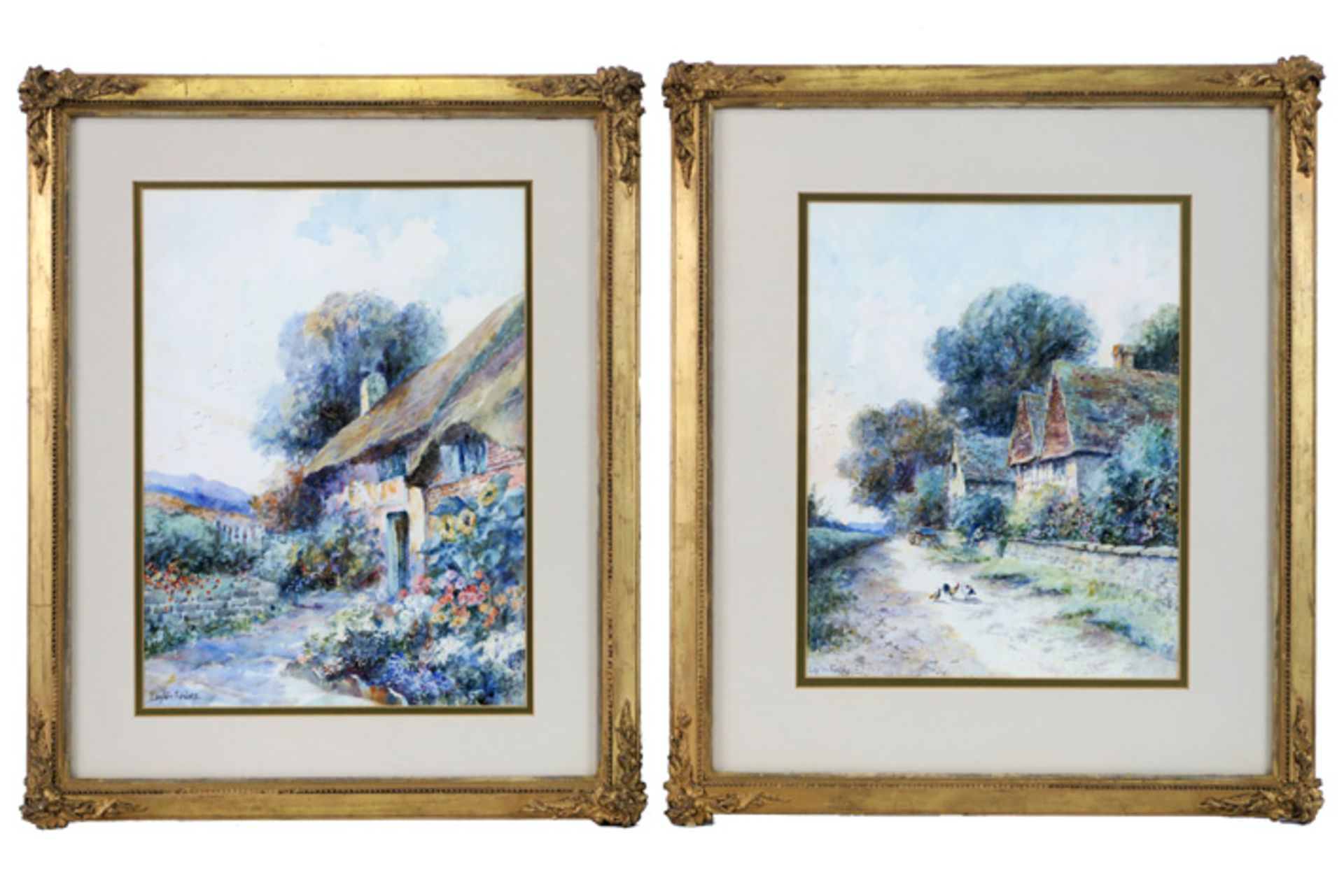 FORBES LEYTON (actief omstreeks 1920/25) (UK) paar aquarellen : "Hoenderen bij huizen" en "Tuin - Bild 2 aus 3