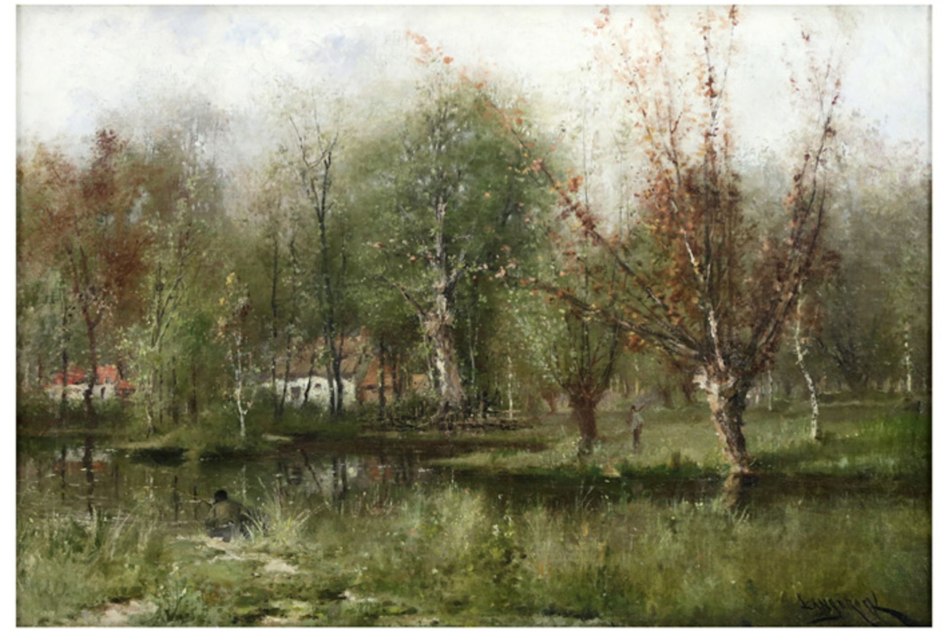 LANGEROCK HENRI (1830 - 1915) olieverfschilderij op doek : "Landschap met huisjes achter bomen" - 46