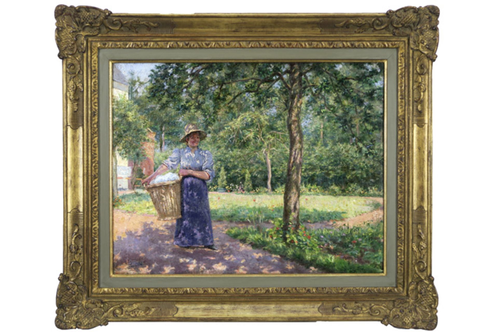 DORÉ JACQUES (1861 - 1929) olieverfschilderij op doek : "Dame met was in een tuin" - 44 x 56 - Image 2 of 4