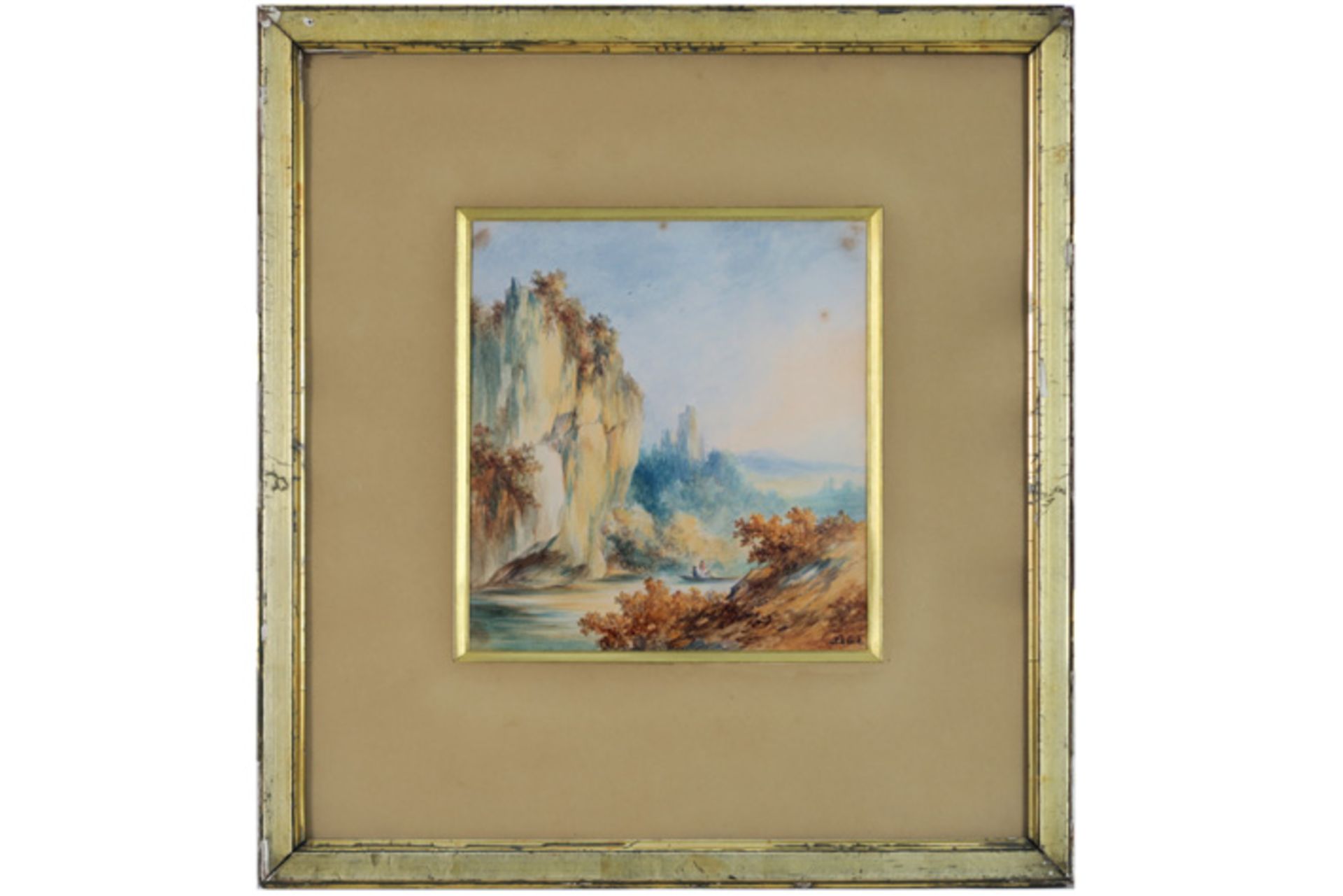 DE COCK XAVIER (1818 - 1896) aquarel : "Bootje met twee personages op een bergrivier" - 23 x 21,5 - Bild 2 aus 3