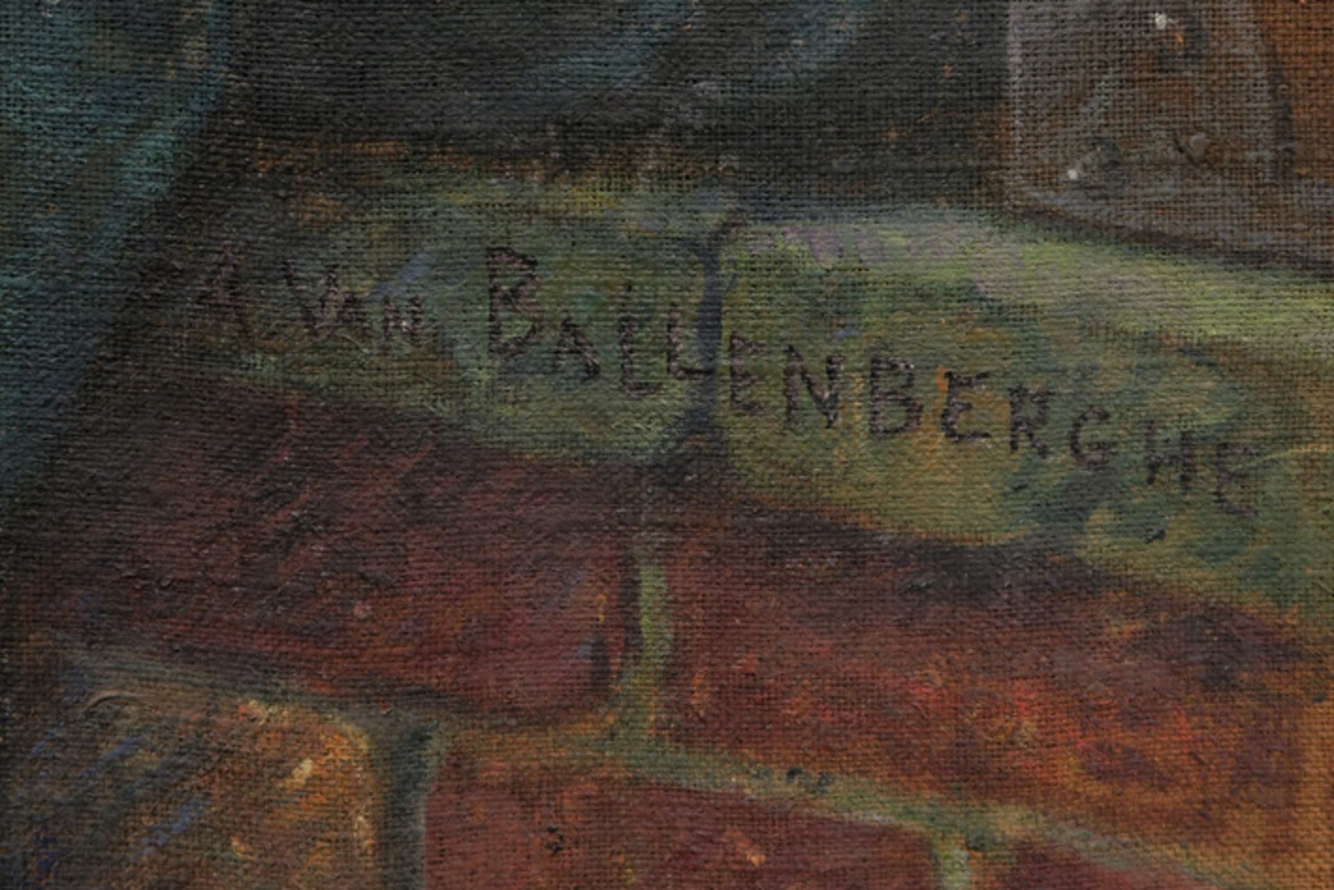 VAN BALLENBERGHE ANDRÉ (1895 - ?) groot olieverfschilderij op doek : "Geanimeerd Middeleeuws - Image 3 of 5