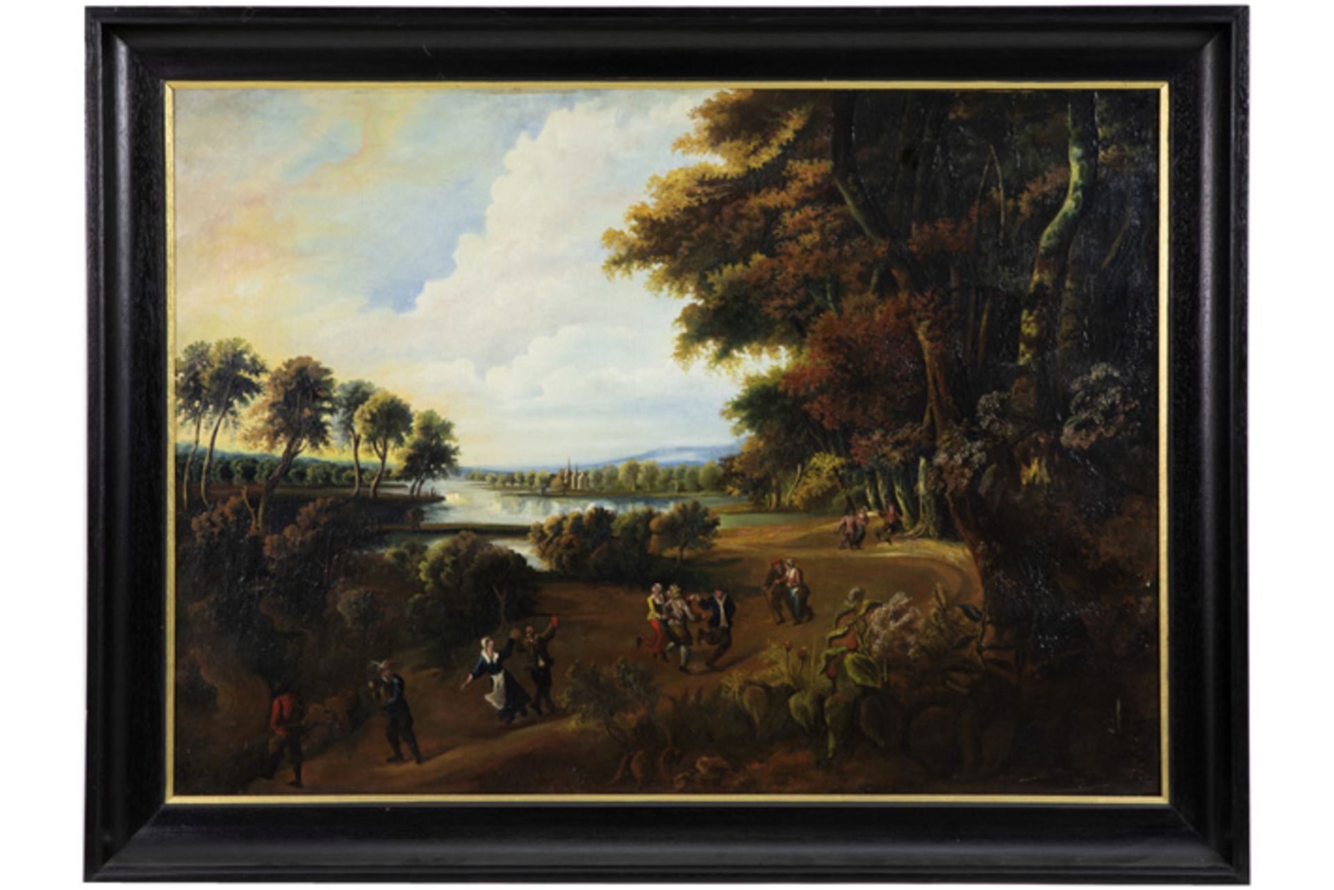 Onleesbaar getekend olieverfschilderij op doek met een thema à la Teniers : "Dansers in een - Image 2 of 5
