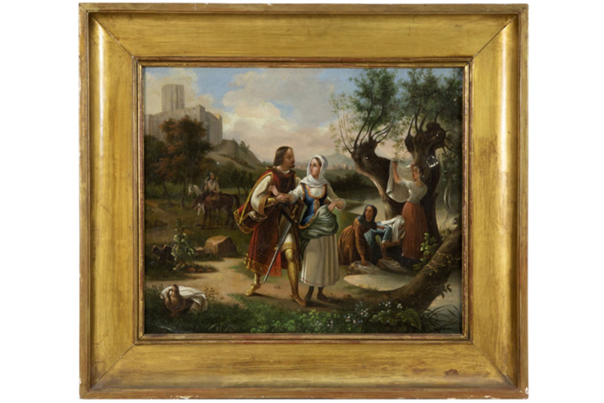BELGISCHE SCHOOL - 19° EEUW olieverfschilderij op doek : "Het aanzoek door een ridder aan de - Image 2 of 4