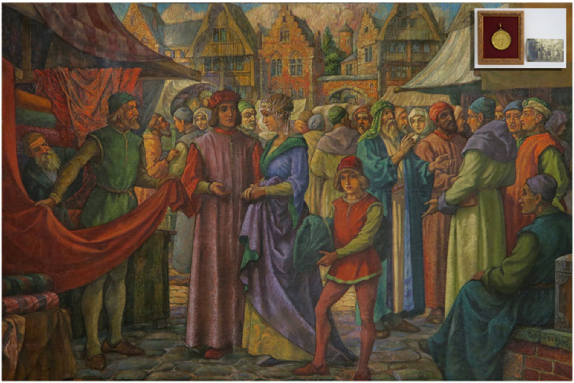 VAN BALLENBERGHE ANDRÉ (1895 - ?) groot olieverfschilderij op doek : "Geanimeerd Middeleeuws