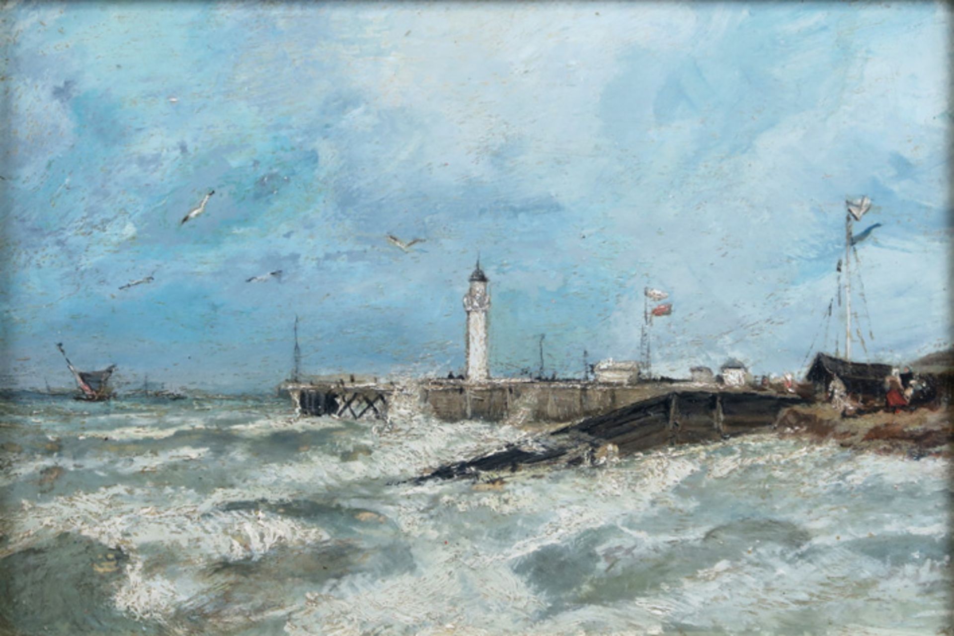 Olieverfschilderij op paneel van ca 1880/90 : "Woelige zee aan stakestel" - 20 x 32 met sporen van