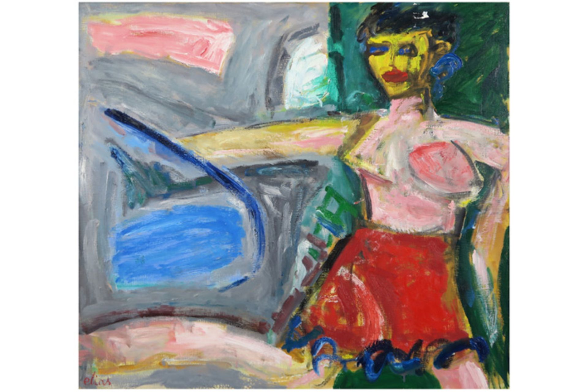 ELIAS ETIENNE (1936 - 2007) olieverfschilderij op doek op verso getiteld "Plezier" - 89 x 100 op