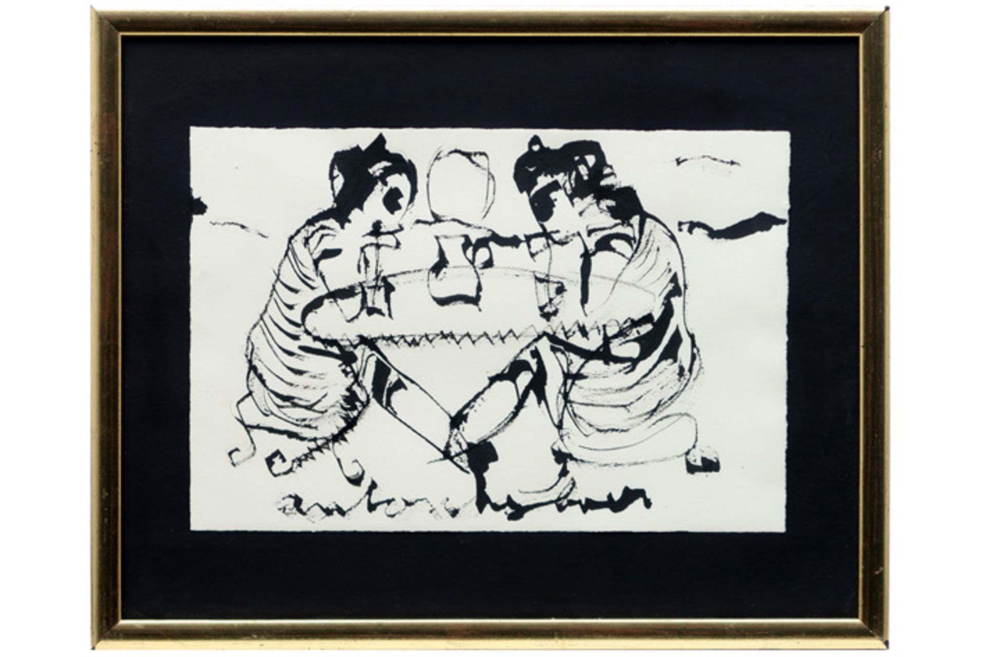 HEYBOER ANTON (1924 - 2005) werk in Oost-Indische inkt : "Gesprek rond de tafel" - 26,5 x 29,5 - Bild 2 aus 2