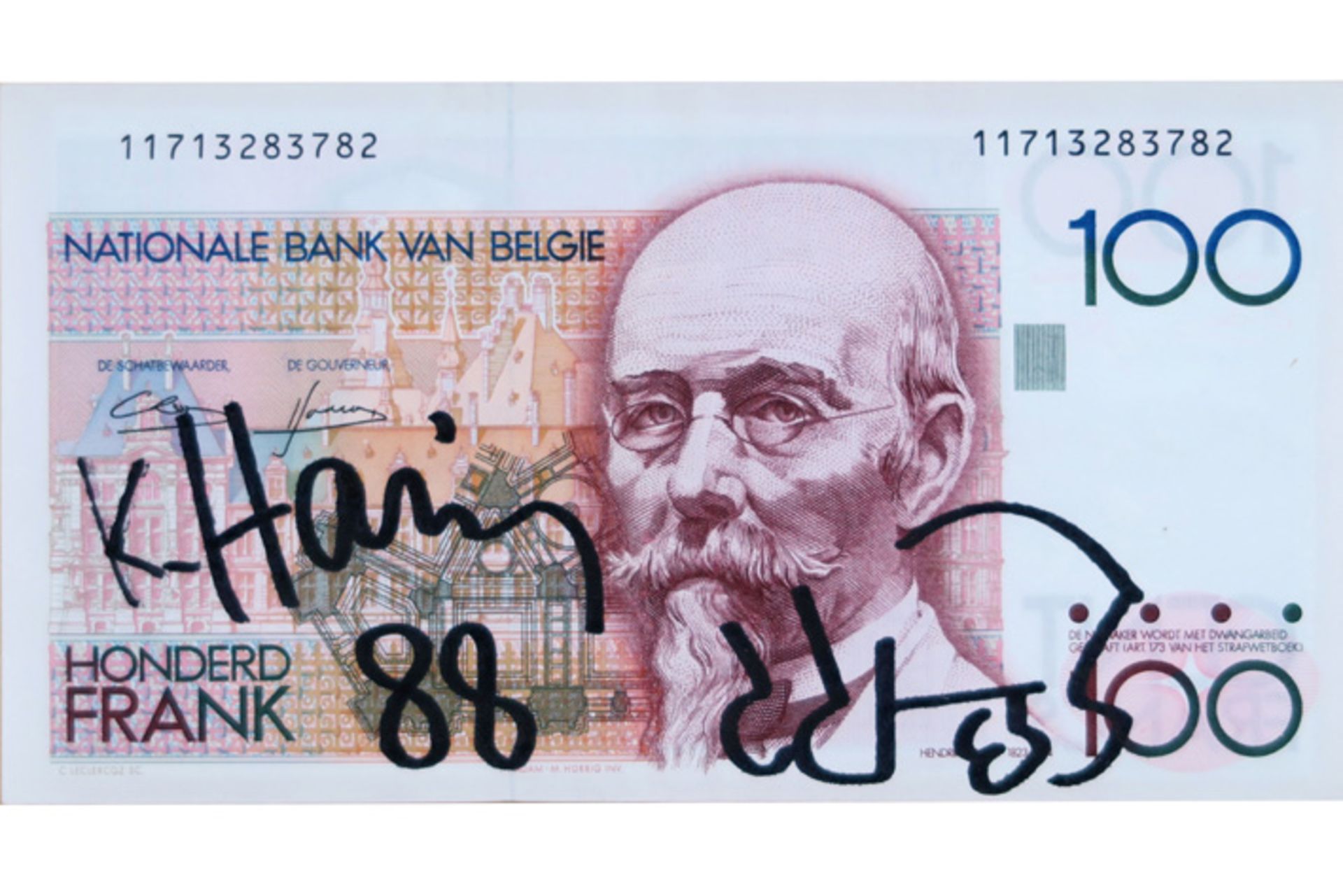 HARING KEITH (1958 - 1990) handgesigneerd Belgisch bankbiljet van 100Bfr, gedateerd (19)88 -