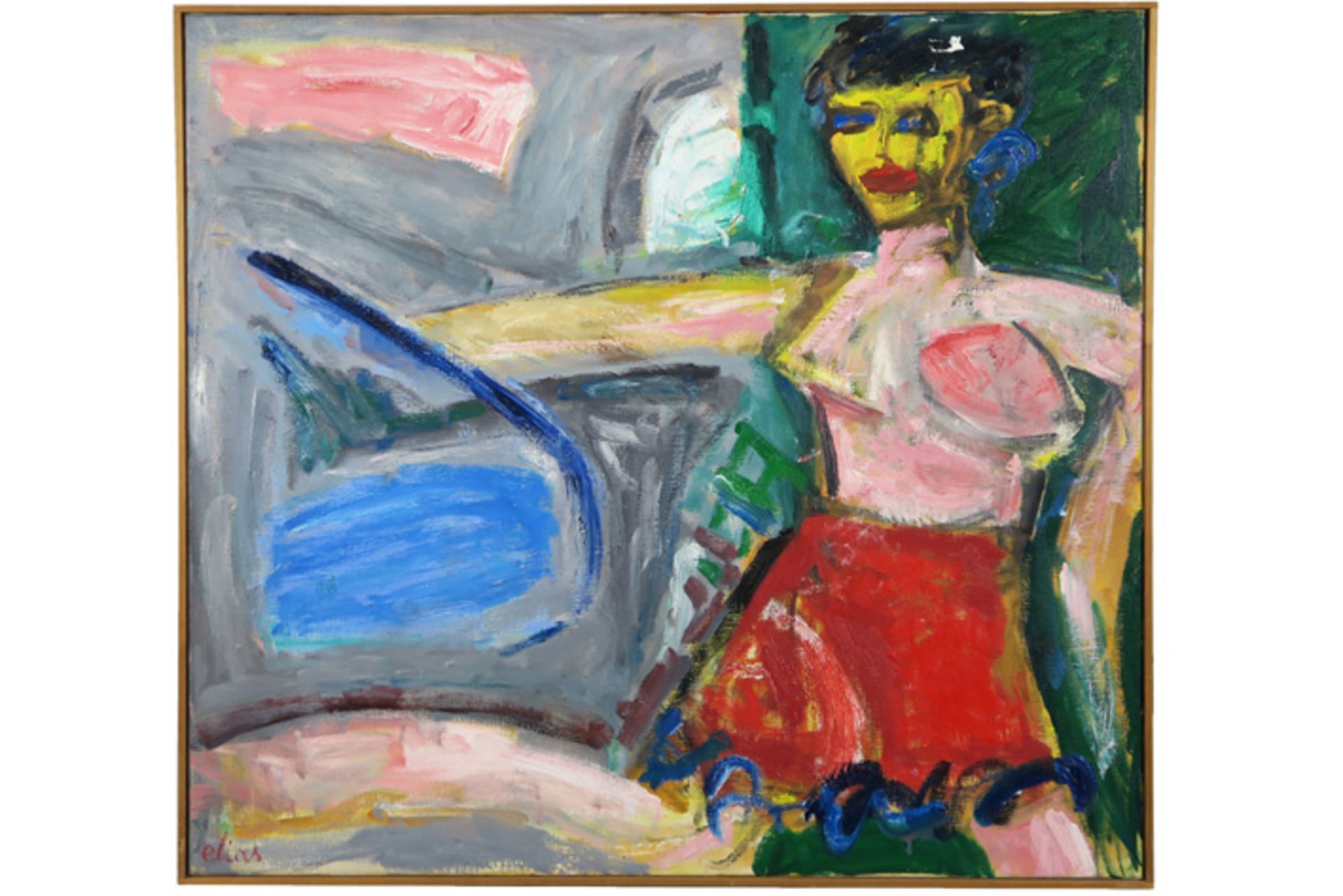 ELIAS ETIENNE (1936 - 2007) olieverfschilderij op doek op verso getiteld "Plezier" - 89 x 100 op - Image 2 of 4
